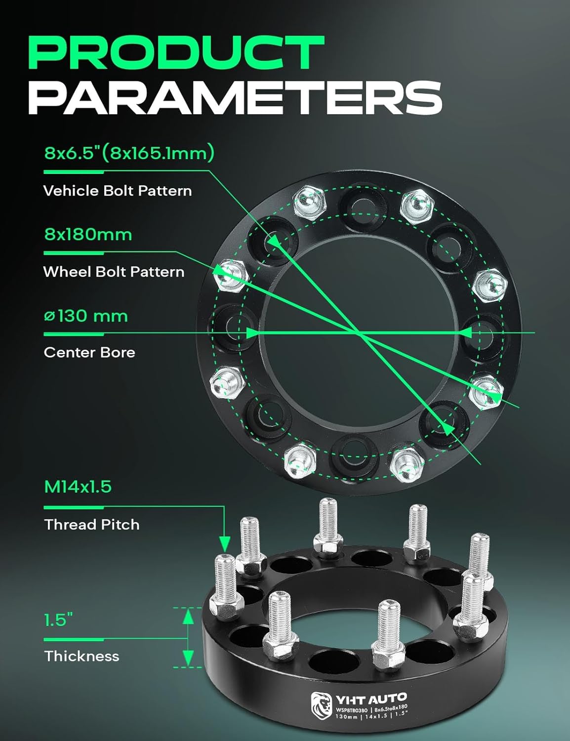 YHTAUTO 8x6.5 to 8x180 Wheel Adapters 1.5 inch Fits Chevy GMC Hummer Nissan Ram Models, Silverado 1500 2500 3500 HD 1999-2010, Sierra, C/K, H2, 8 Lug Tire Adapters w/ M14x1.5 & 12.9 Studs, 130 mm Bore