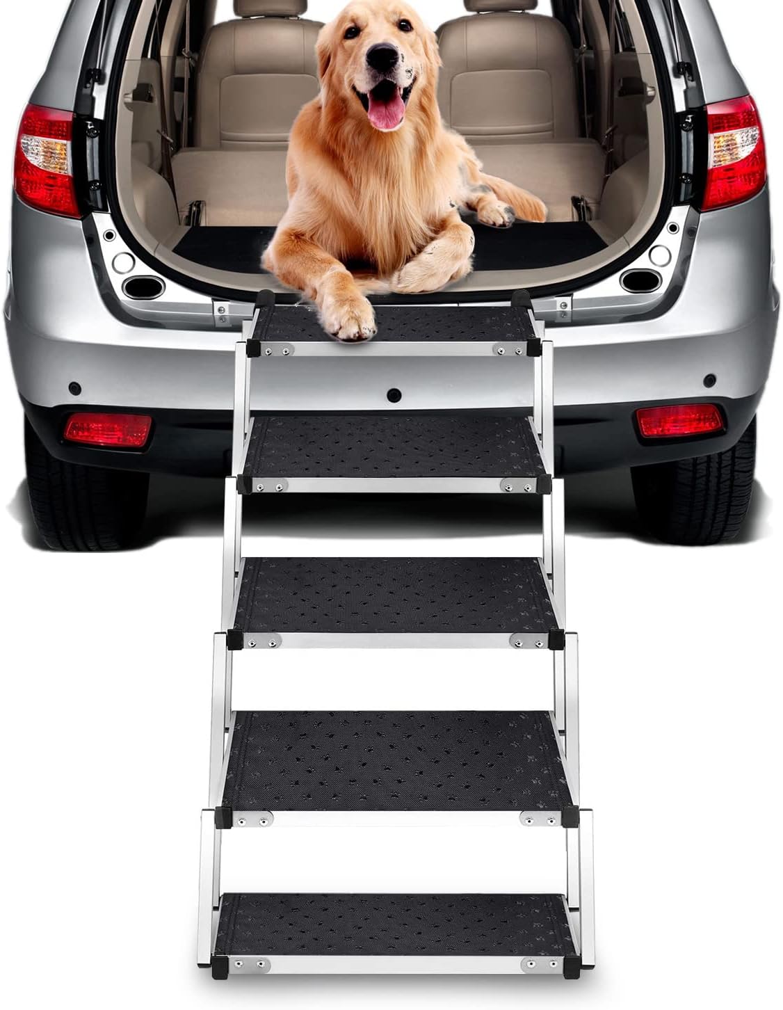 Dog Car Steps for Large Dog, Lightweight Aluminum Foldable Pet Ladder Ramp with Nonslip Surface for High Beds, Trucks, Cars and SUV,Supports 150-200 Lbs (5 Steps)
