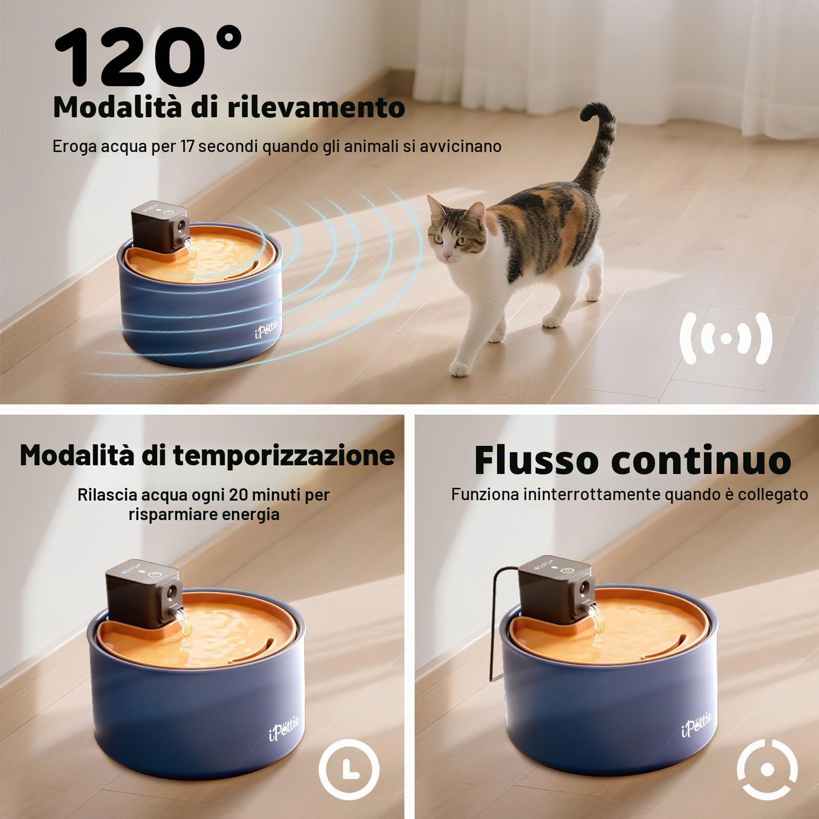 iPettie Fontana in ceramica per gatti, dispenser d'acqua per animali domestici senza fili da 3,5 l, con 3 modalità di acqua, pompa ultra silenziosa, batteria ricaricabile da 3000 mAh, ceramica e ABS