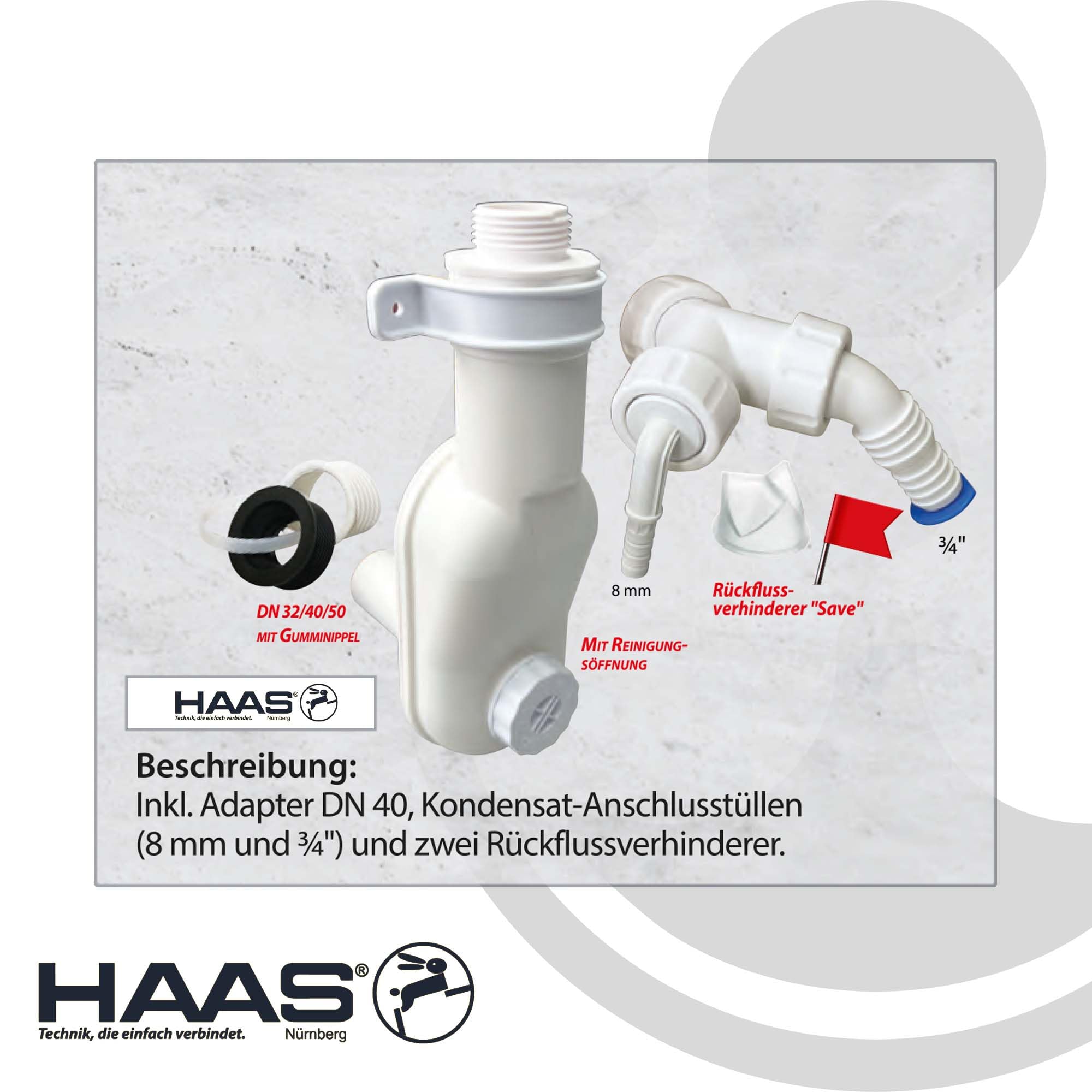 HAAS Raumspar-Geräte-Siphon 1952 - DN 32/40/50 mit Reinigungsöffnung, nach DIN EN 274