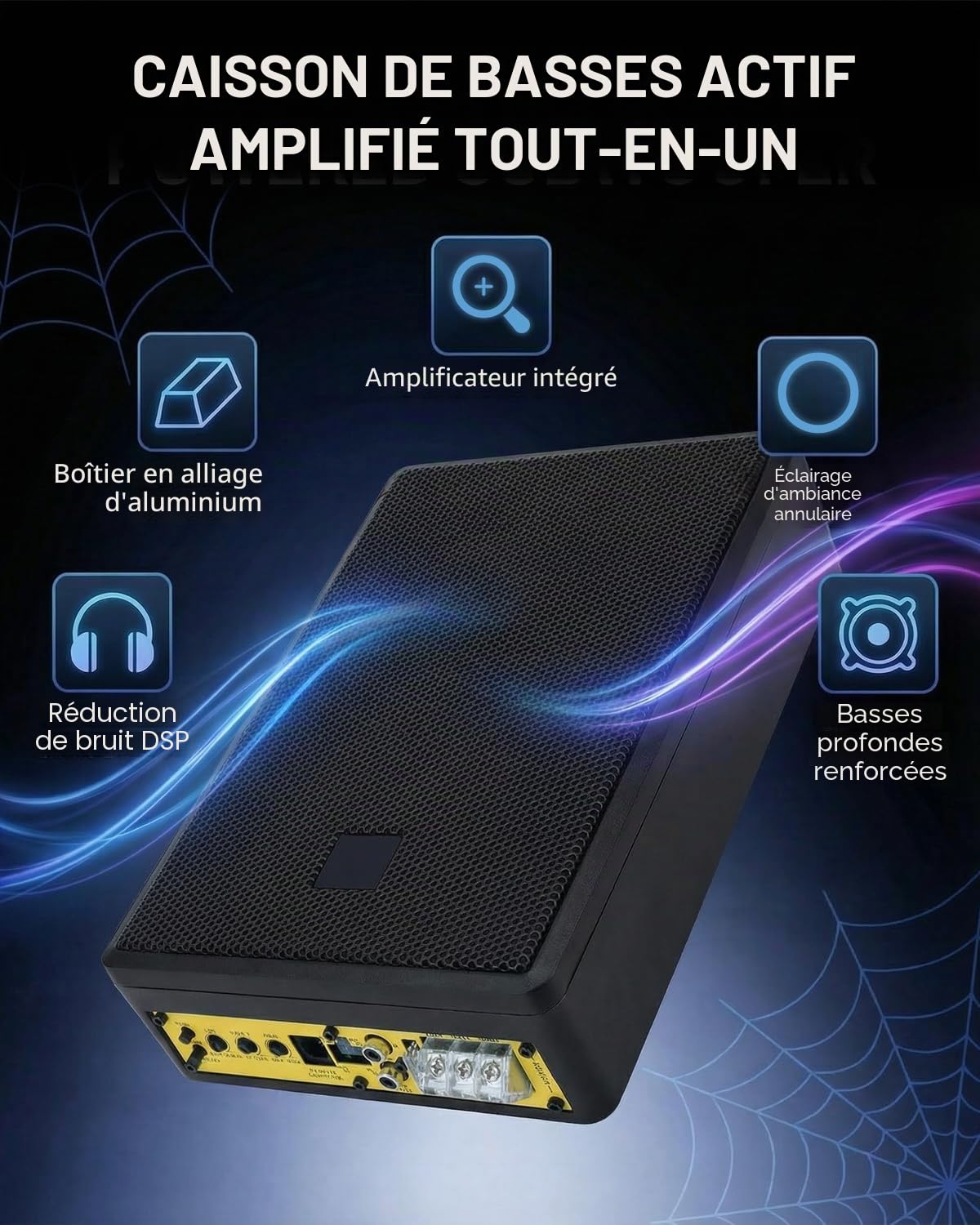 Caisson de Basse sous Siège 10 Pouces 1000W Amplificateur 12V | Caisson MDF avec amplificateur intégré 1000W, grave profond et son puissant ; compact, installation facile, compatible 12V.