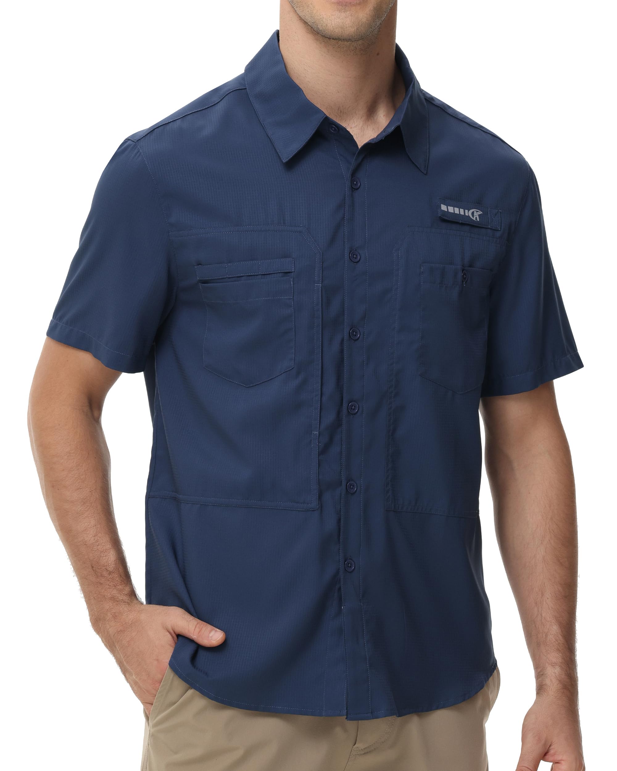 Satankud Men's UPF 50+ Short Sleeve Fishing Shirts Sun Protection Lightweight Hiking Travel Work Button Down Shirt Zipper Pocket (Navy,X-Large)