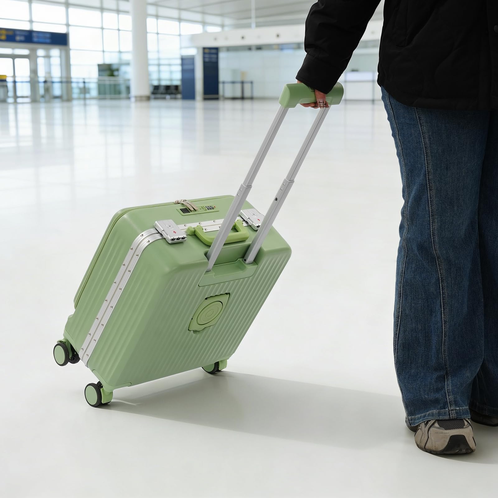 Valigia rigida da 45,7 cm con apertura frontale e porta USB, verde chiaro, Vintage | Valigia da viaggio in ABS e policarbonato, per viaggi brevi, trolley con 4 ruote, lucchetto a combinazione, portabicchieri