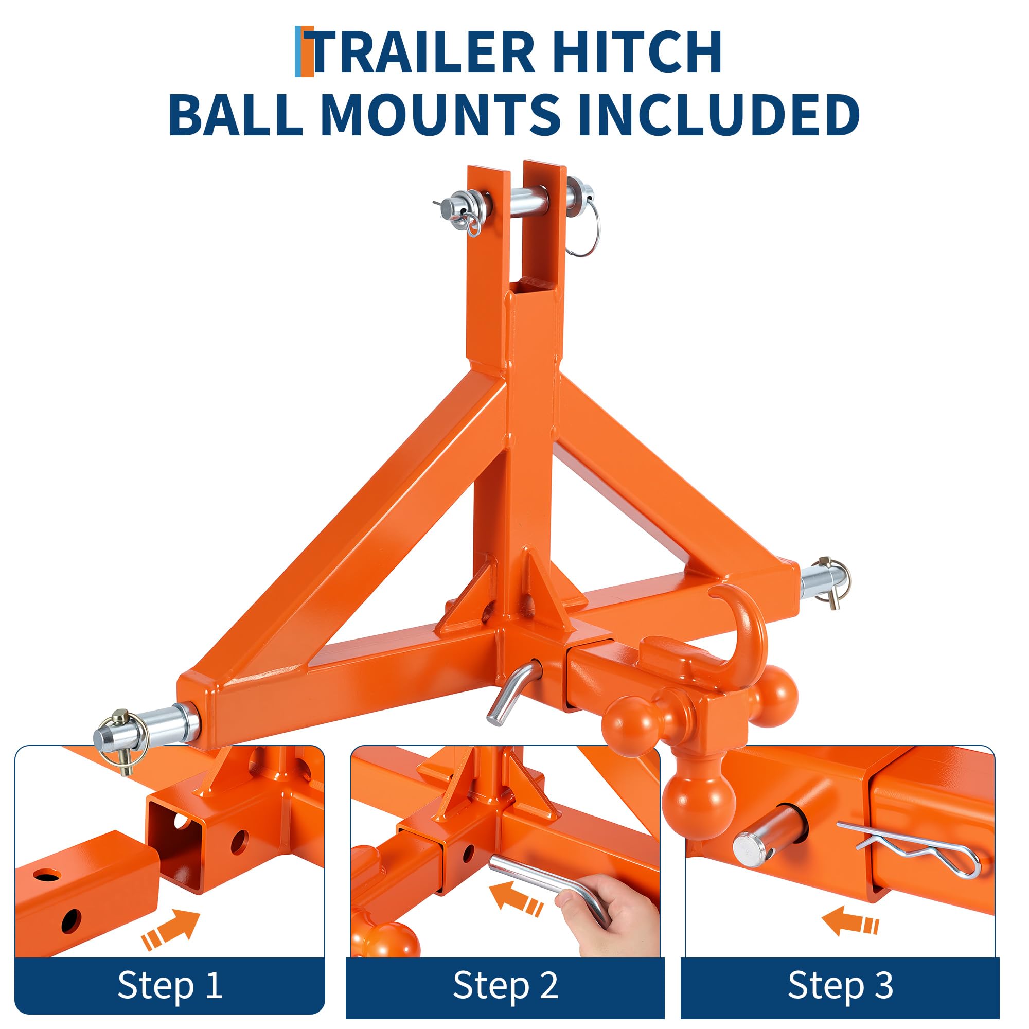 Robustesse et installation rapide – Attelage 3 points renforcé pour tracteur catégorie 1 & 2 – Adaptateur barre de remorquage avec récepteur 5,08 cm et crochet de traction – Capacité 4535 kg,