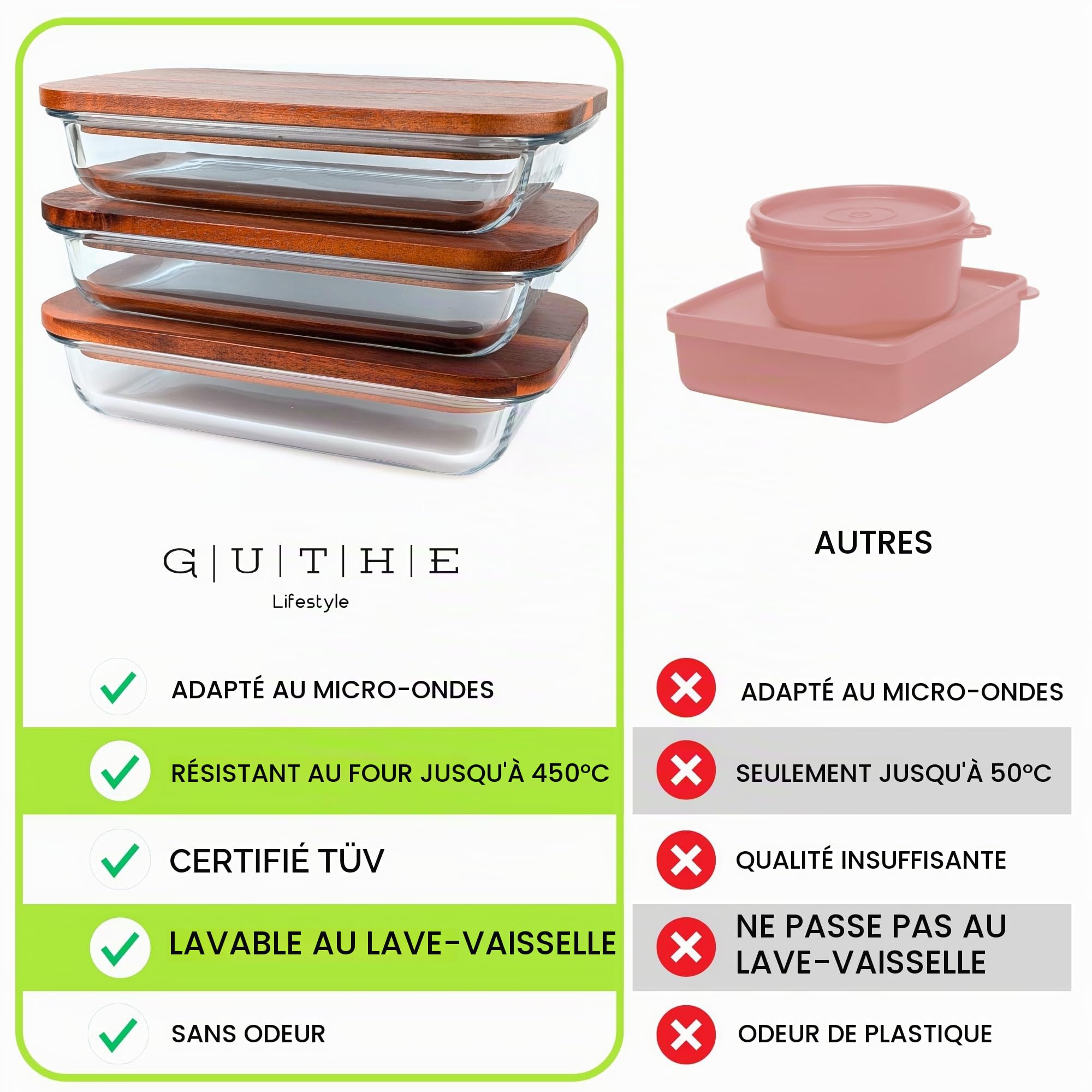 GUTHE Lifestyle Lot de 3 boîtes à charcuterie en verre pour réfrigérateur, empilables, avec couvercle en acacia, plat à gratin et rangement de saucisses et fromage