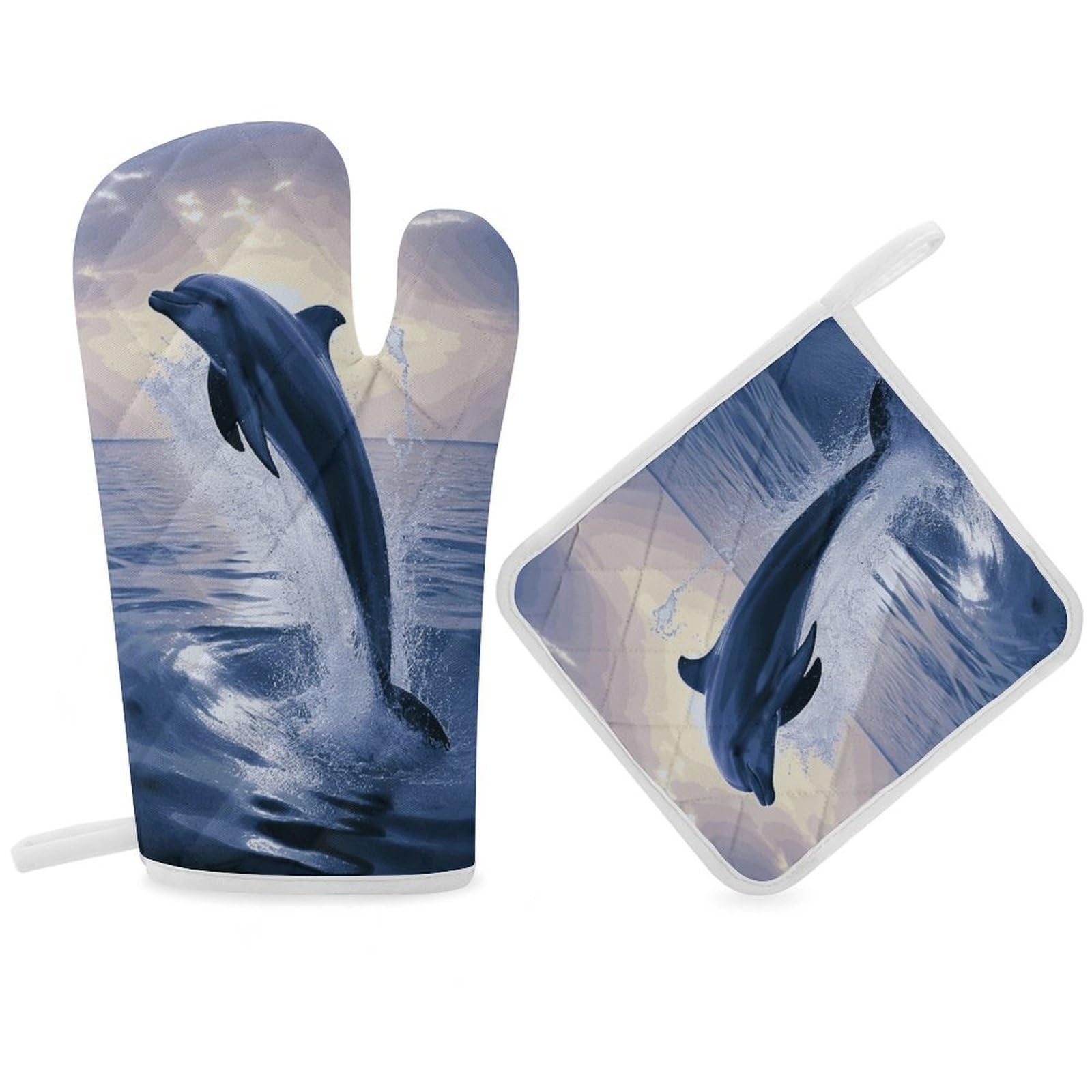 Fodpand Women's Style Elegant Dolphin Oven Mitts And Pot Holders Sets,Oven Gloves For Kitchen Oven Mitts And Potholders For Baking Cooking Grilling Apartment Essentials