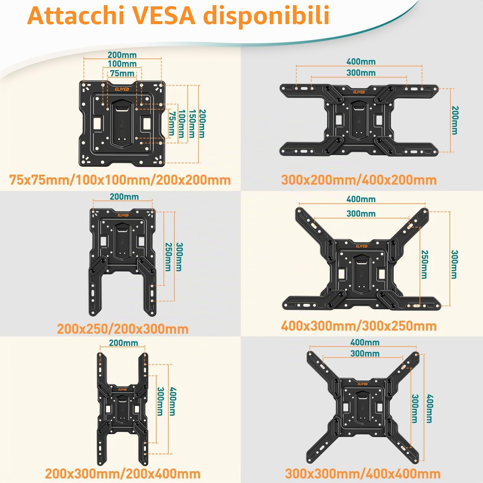 ELIVED Supporto da parete ultra sottile per TV da 26 – 60 pollici, supporto da parete a basso profilo, orientabile e inclinato, Max VESA 400 x 400 mm, supporta fino a 40 kg. Max 16" supporto in legno