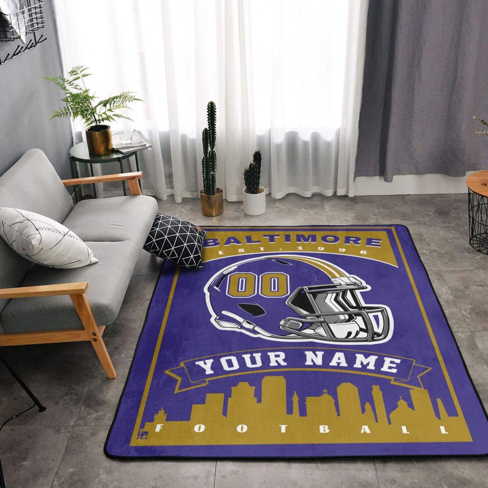 Custom Football Rug, Personalized Baltimore Area Carpet with Name Number, Customized Sports Rugs Gifts for Fans Living Room Bedroom Bathroom Kitchen
