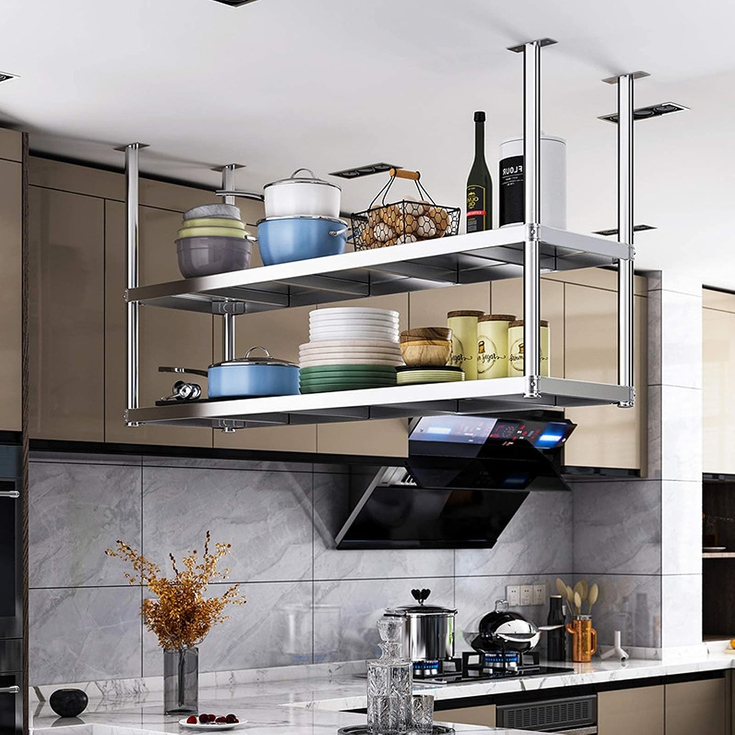 Stainless Steel Ceiling Shelf 2 Tier Upgraded Version Ceiling Mounted Storage Shelf for Kitchen Bar Restaurant Decoration 6 Sizes (90 * 35 * 80cm)