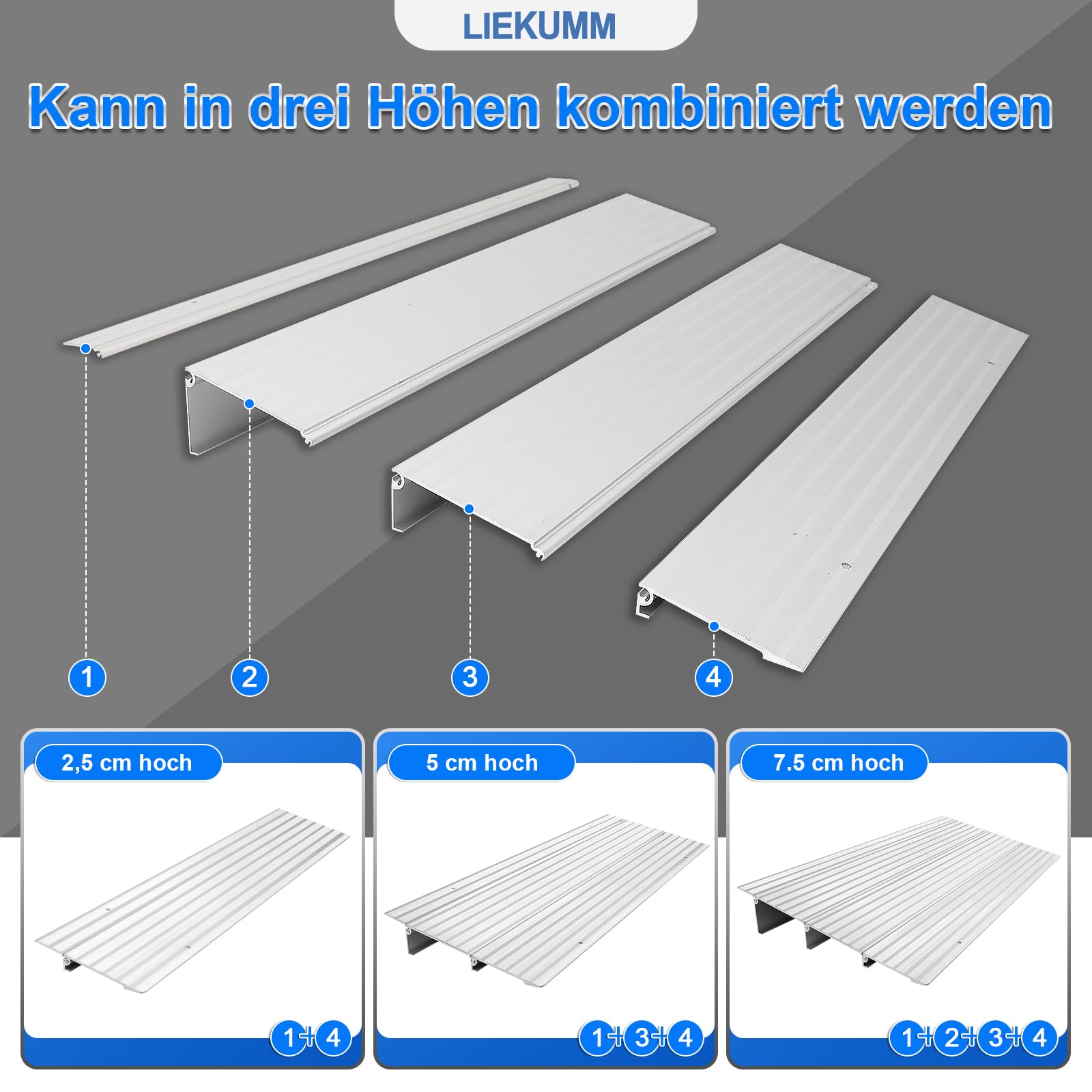 LIEKUMM Rampa de Umbral de Puerta de 7,5 cm, Pampa para Silla de Ruedas Manuales, Rampa Modular Ajustable, Rampas de Aluminio Antideslizantes para Bordillos Entrada, Capacidad 360 kg
