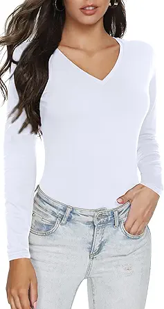 RightPerson Women's Long Sleeve V Neck/Crewneck T-Shirt Basic Solid Slim Cotton Tops