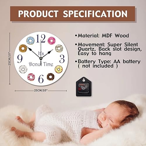 Miniatura 6 de ArogGeld It's Donut Time - Reloj de pared con forma de dona, silencioso, redondo, de madera, funciona con pilas, multicolor, talla única