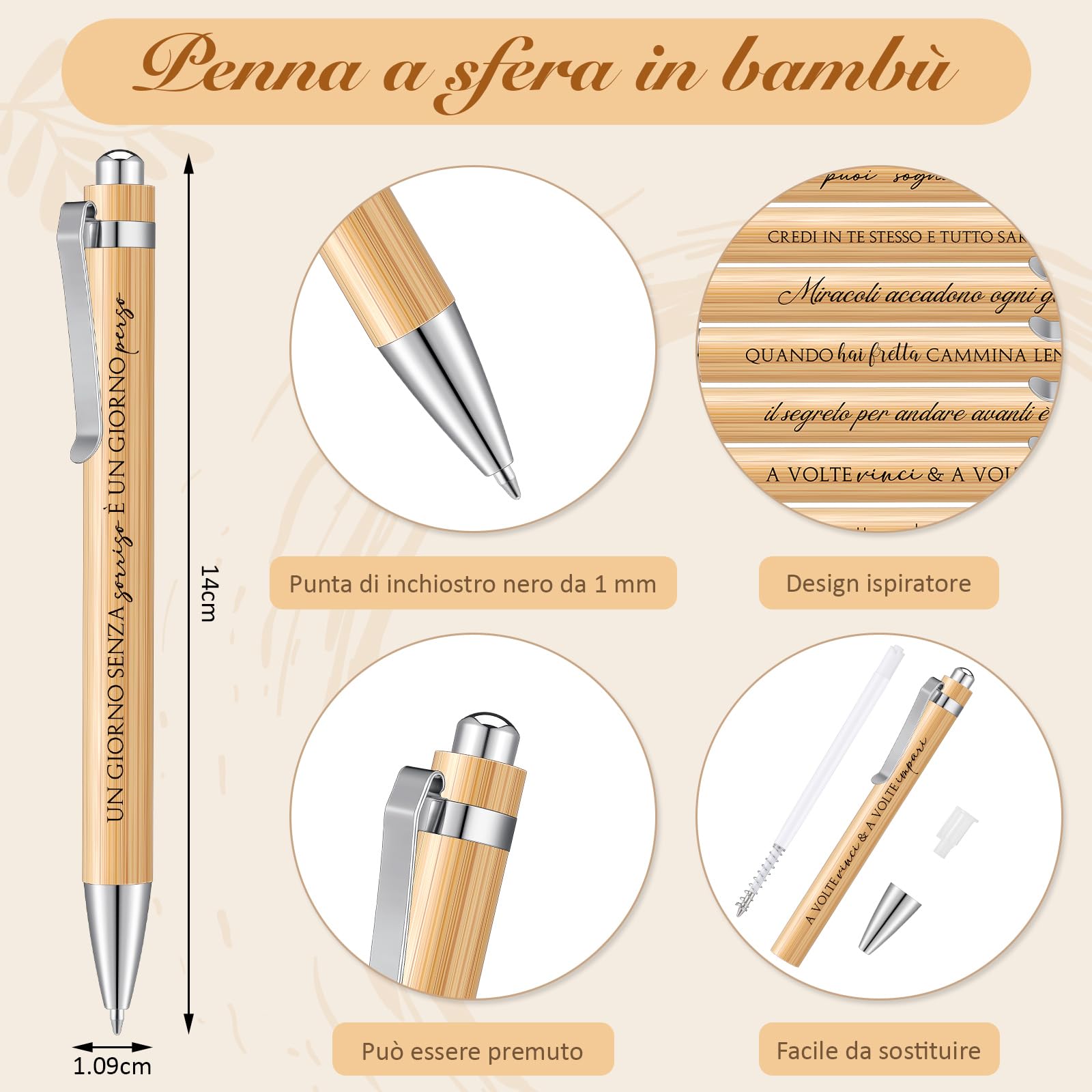 Penne con Frasi Motivazionali in Italiano Ispiratrici a Sfera Retrattili in Legno 24 Pezzi Portafortuna per Studenti Insegnanti