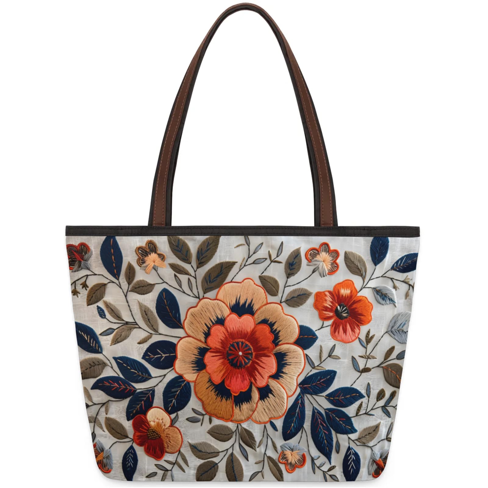 Eativisa Vintage Flower Leaves Reusable Tote Bag - Lightweight shoulder bag with zipper, suitable for work, school