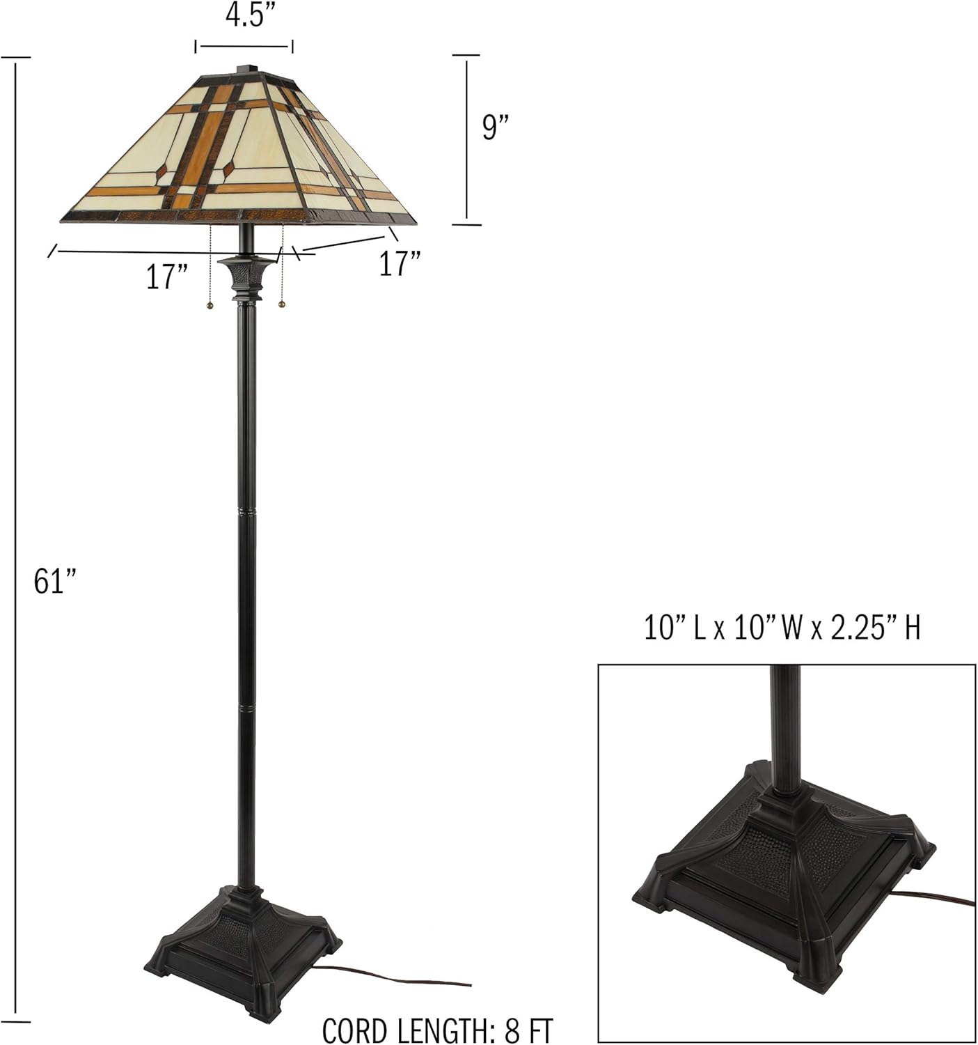Lavish Home Tiffany Style Floor Lamp – Mission Design Standing Light with Art Glass Lampshade and 2 LED Bulbs – Vintage Look Accent Decor