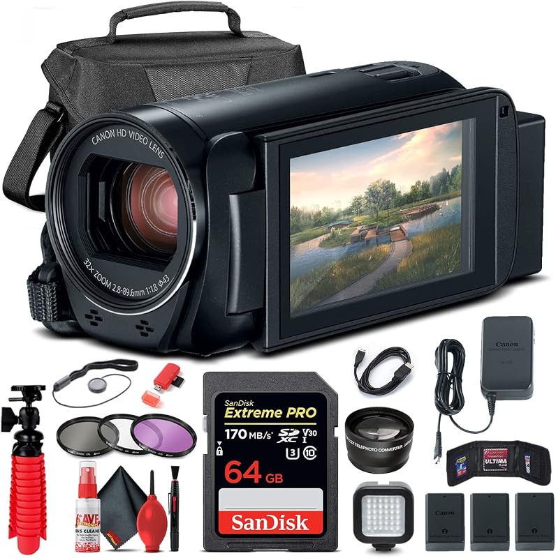 Canon VIXIA HF R800 Camcorder with Filter Kit (1960C002) (Black) Bundle | For Professional Video + Telephoto Lens + LED Light + 64GB Memory Card + Tripod + Card Reader + Cap Keeper + Case + More