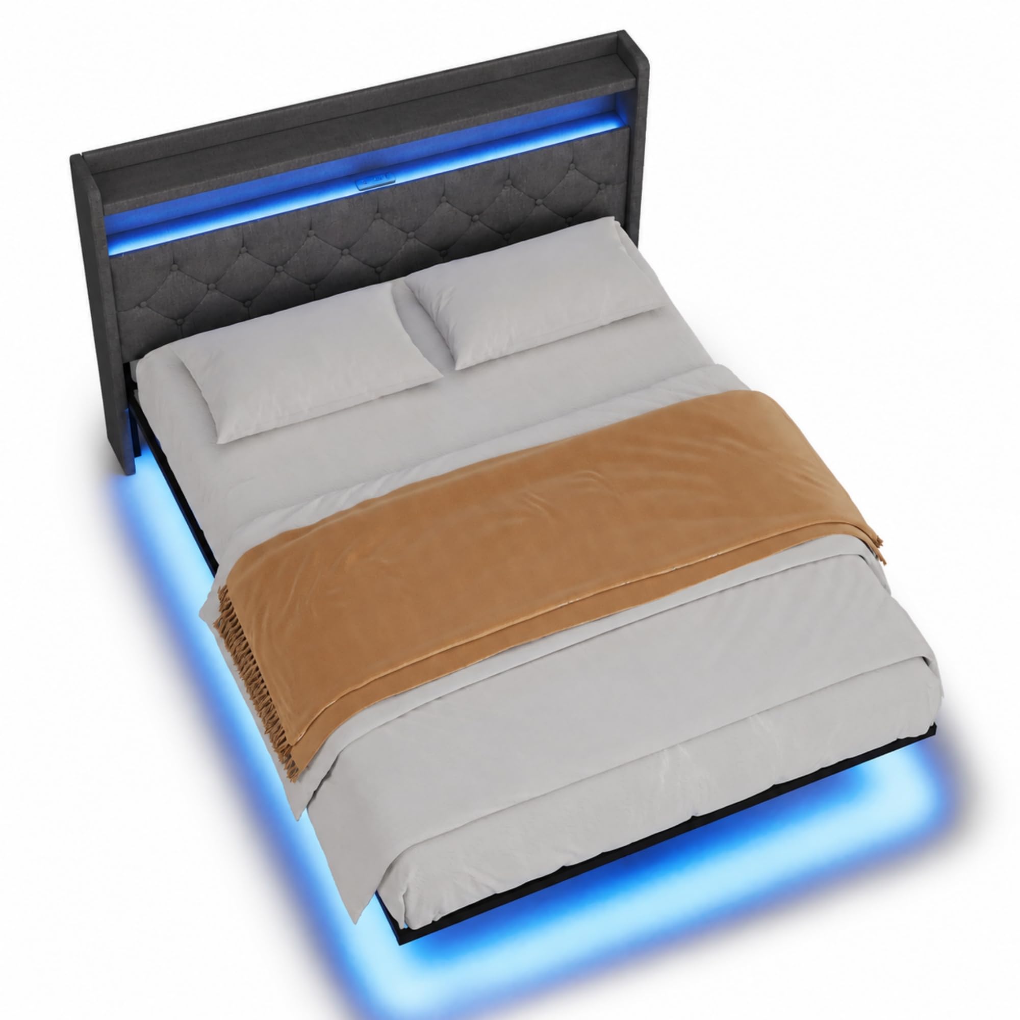 Xbro Polsterbett, Schwebebett mit LED-Beleuchtung, Doppelbett mit USB Ladestation und Kopfteil, Schwebebettrahmen Metallbett, Leinen