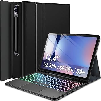 Touchpad Keyboard Case for Samsung Galaxy Tab S10+/S9 FE+/S9+ Plus 12.4 Inch Tablet, 7 Color Rainbow Backlight Detachable Bluetooth Trackpad Keyboard Folio Smart Cover with S Pen Holder