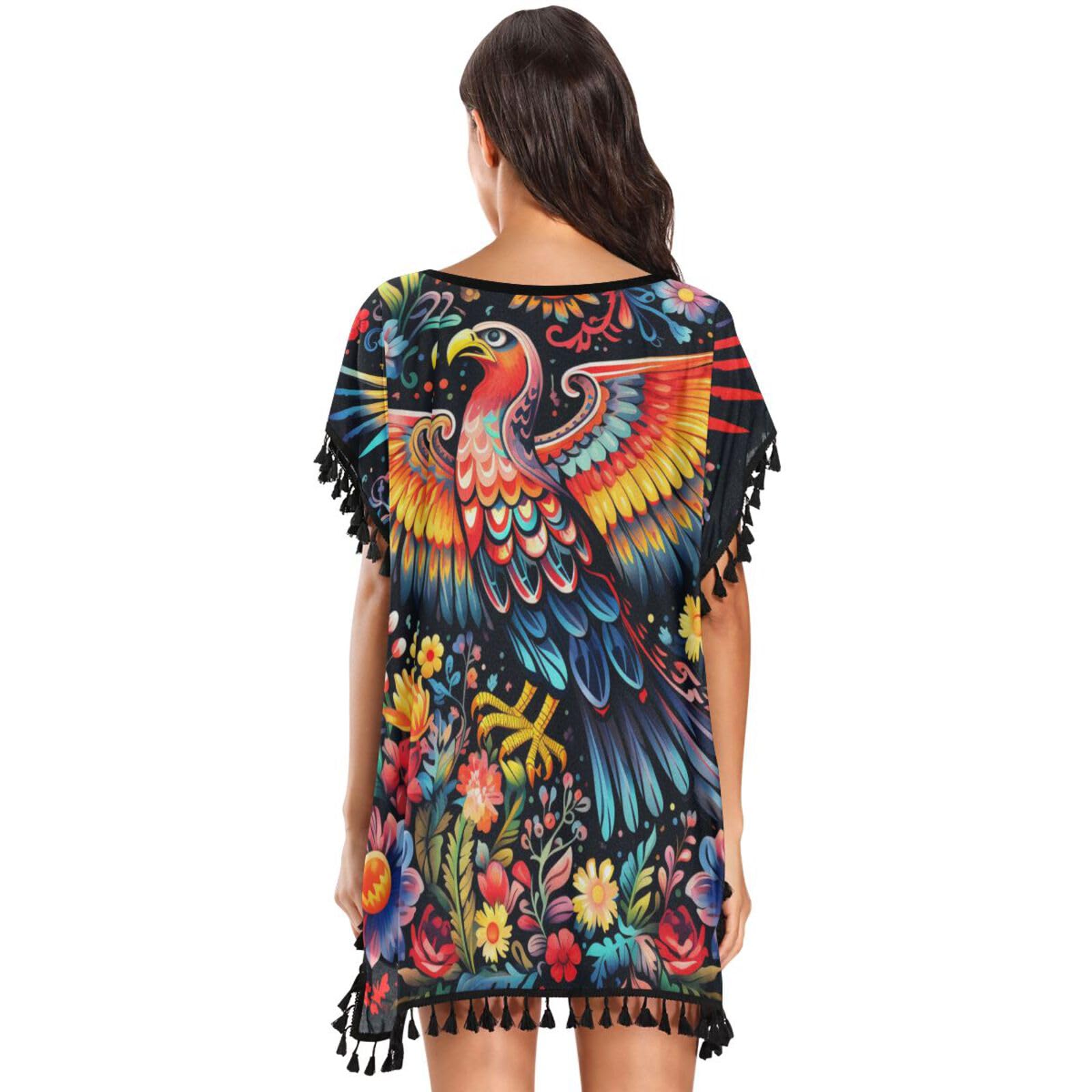 Flower Pattern Animal Art Peacick Women's Beach Cover Up Chiffon Tassel Swimwear Swimsuit Coverups for Girl