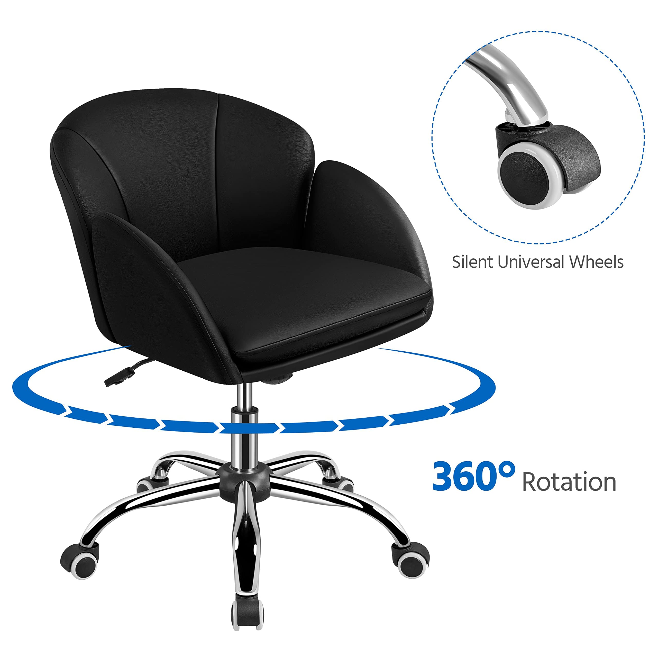 Yaheetech Homeoffice Stuhl, Blütenblatt-Design Schminkstuhl, Schwarz | Schreibtischstuhl mit Wippfunktion, bis 136 kg belastbar, mit Armlehnen für Schlafzimmer, Büro, Wohnzimmer, Kunstleder