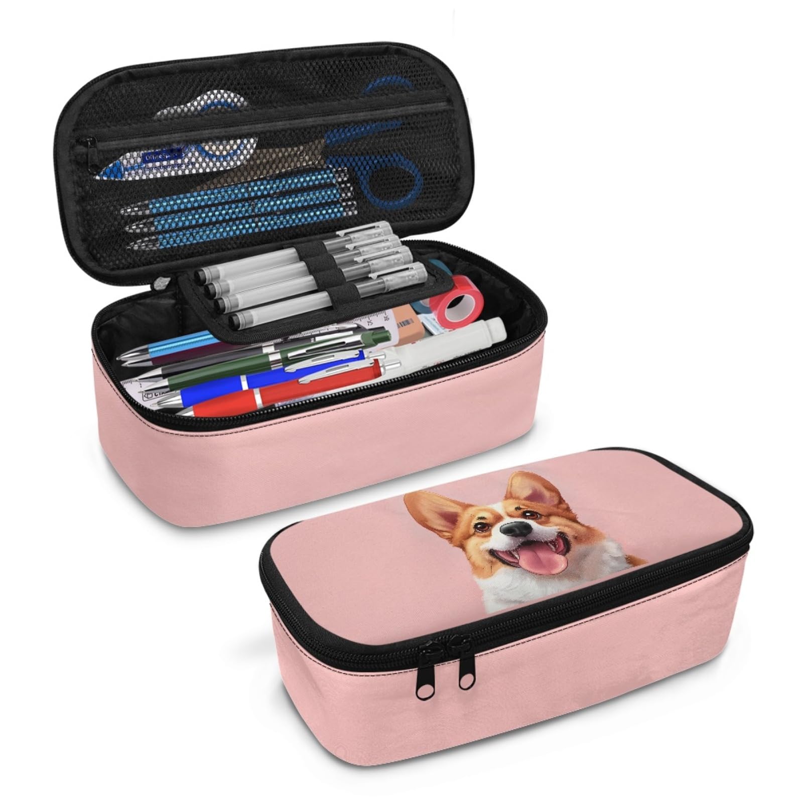 Cute Corgi Girls Pencil Case Large Capacity,Pink Pencil Pouch for Kids Adorable Pencil Bag for Preschool Children Multifunction Pencil Container with Pen Slot for Back to School Gifts
