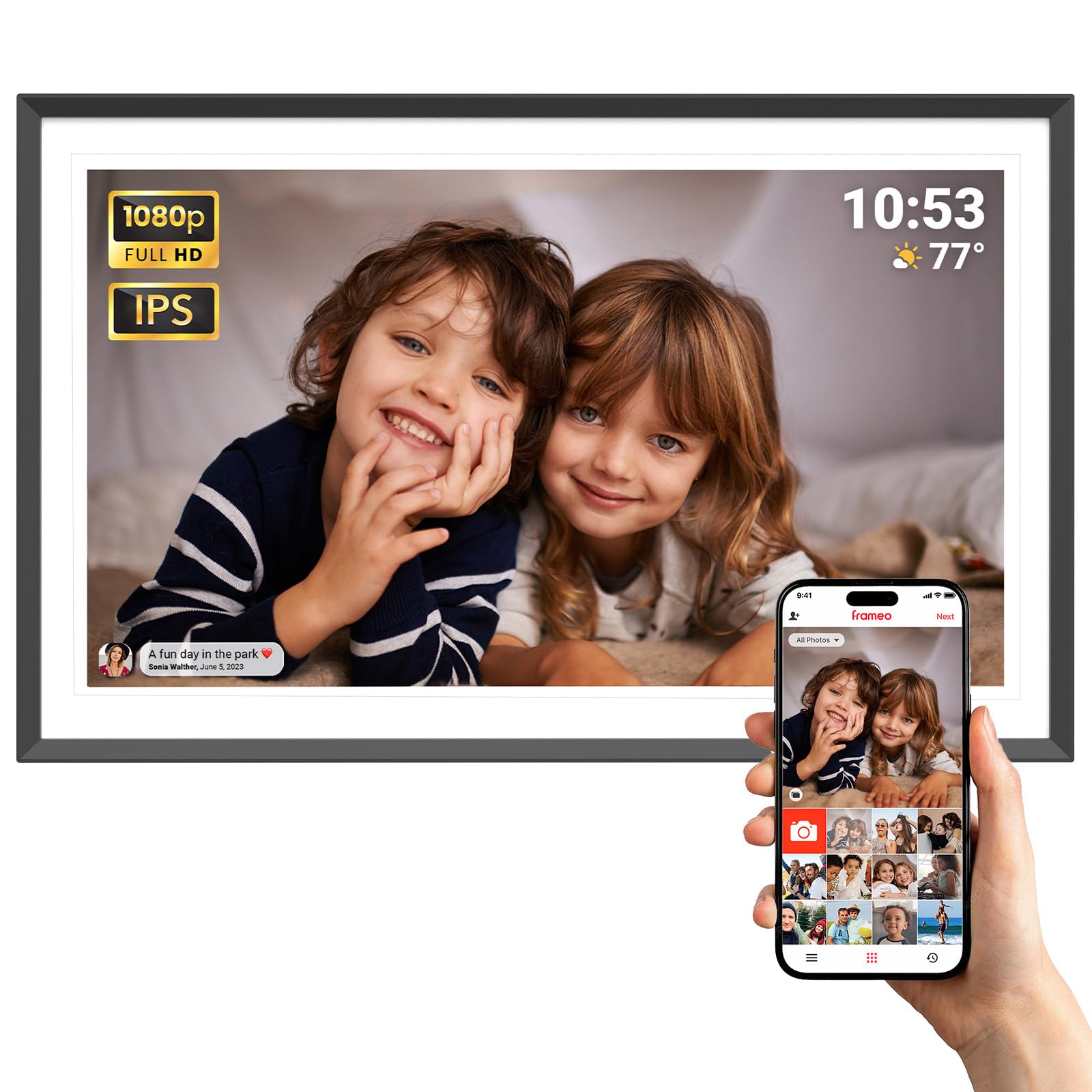 Digital Picture Frame 15.6 inch, WiFi Digital Photo Frame with 32GB Storage, 1920x1080 FHD IPS Touch Screen, Auto-Rotate, Easy Setup to Share Photos or Videos Instantly via Frameo App