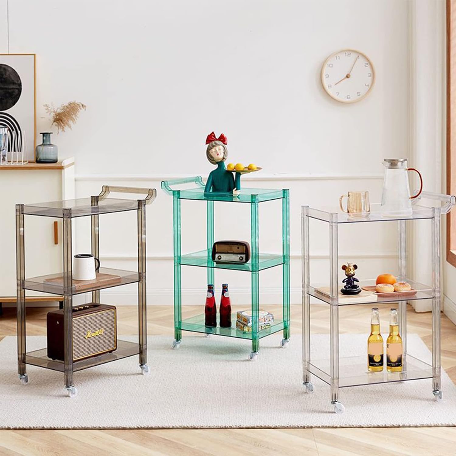 Carrello da bar a 3 ripiani in acrilico, con ruote e maniglia, per cucina, sala da pranzo, soggiorno, multifunzione, mobile per vino, carrello da portata, grigio