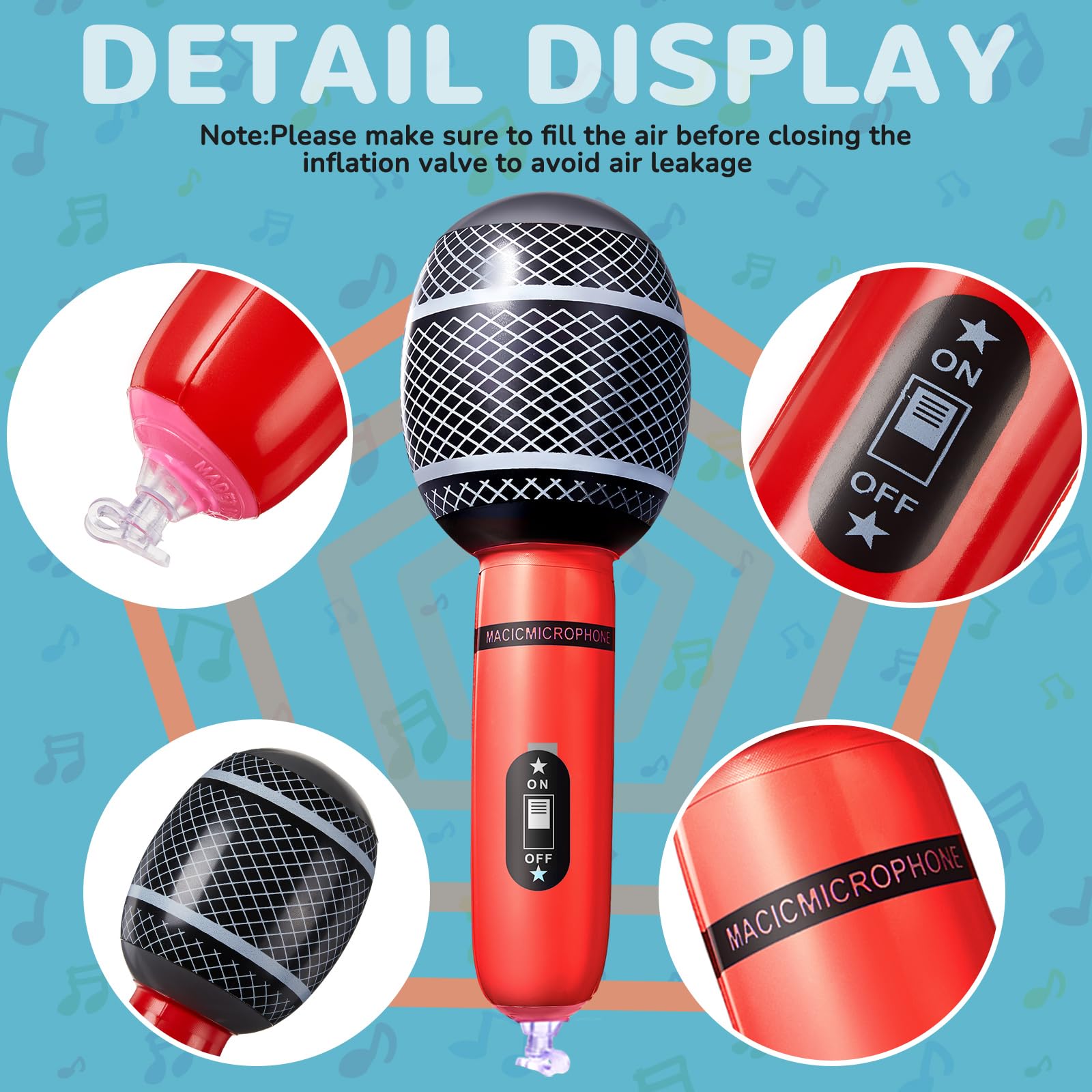 42 micrófonos inflables, colores surtidos, accesorios de micrófono inflables, juguetes de plástico para niños, concierto musical, decoración de fiesta de cumpleaños, suministros de juego de 3