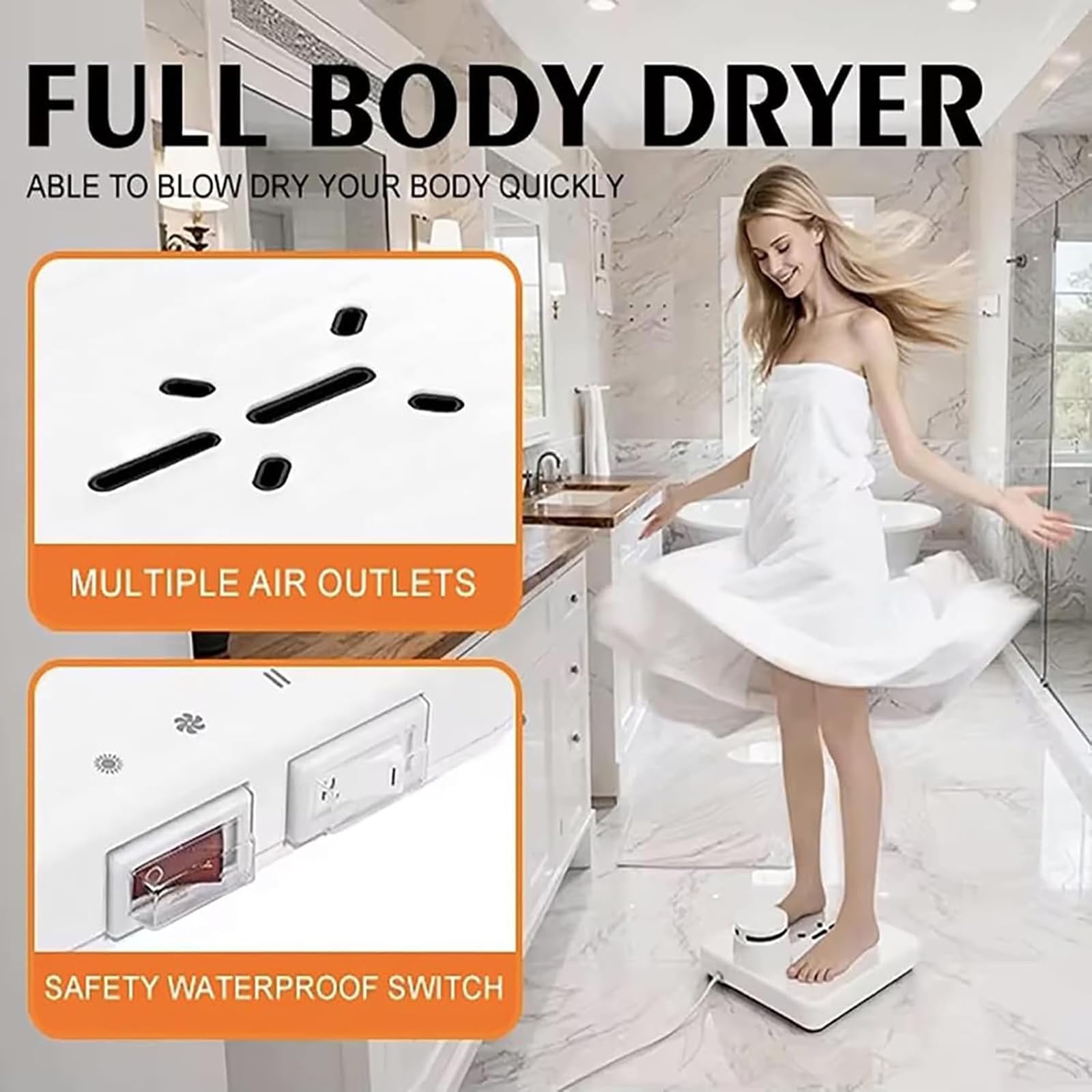 Secador Corporal de 15 000 Rpm y 800 W con Función de Sensor, Secado de Cuerpo Completo Tras La Ducha, 2 Velocidades Ajustables (aire Frío/cálido), Secador de Pie Resistente al Agua para el Baño