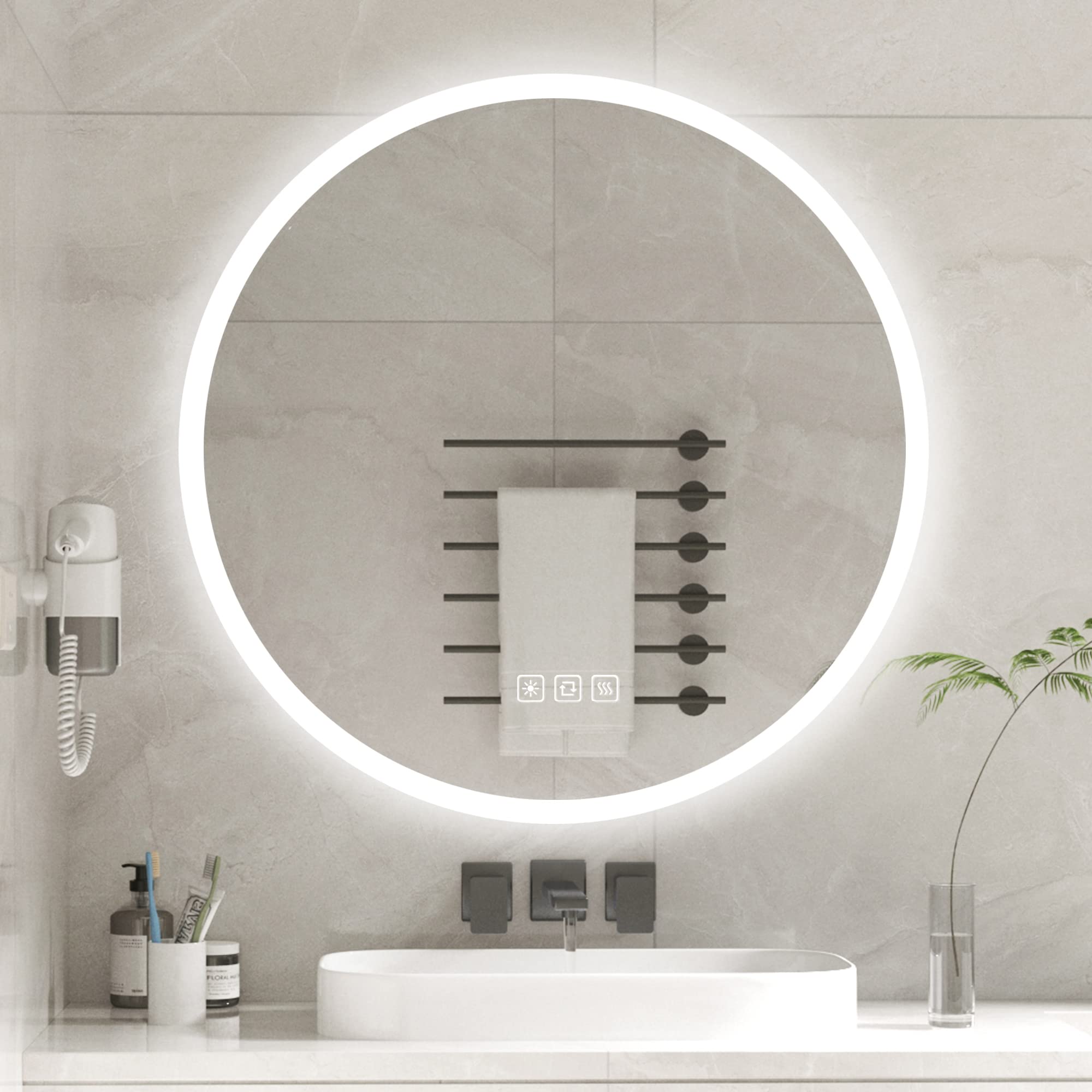 furduzz Espejo LED Redondo de Baño de 800 mm, Espejo Iluminado de Tocador de Baño Montado en la Pared, Antivaho, Luz Regulable, 3 Colores,Función Inteligente de Memoria