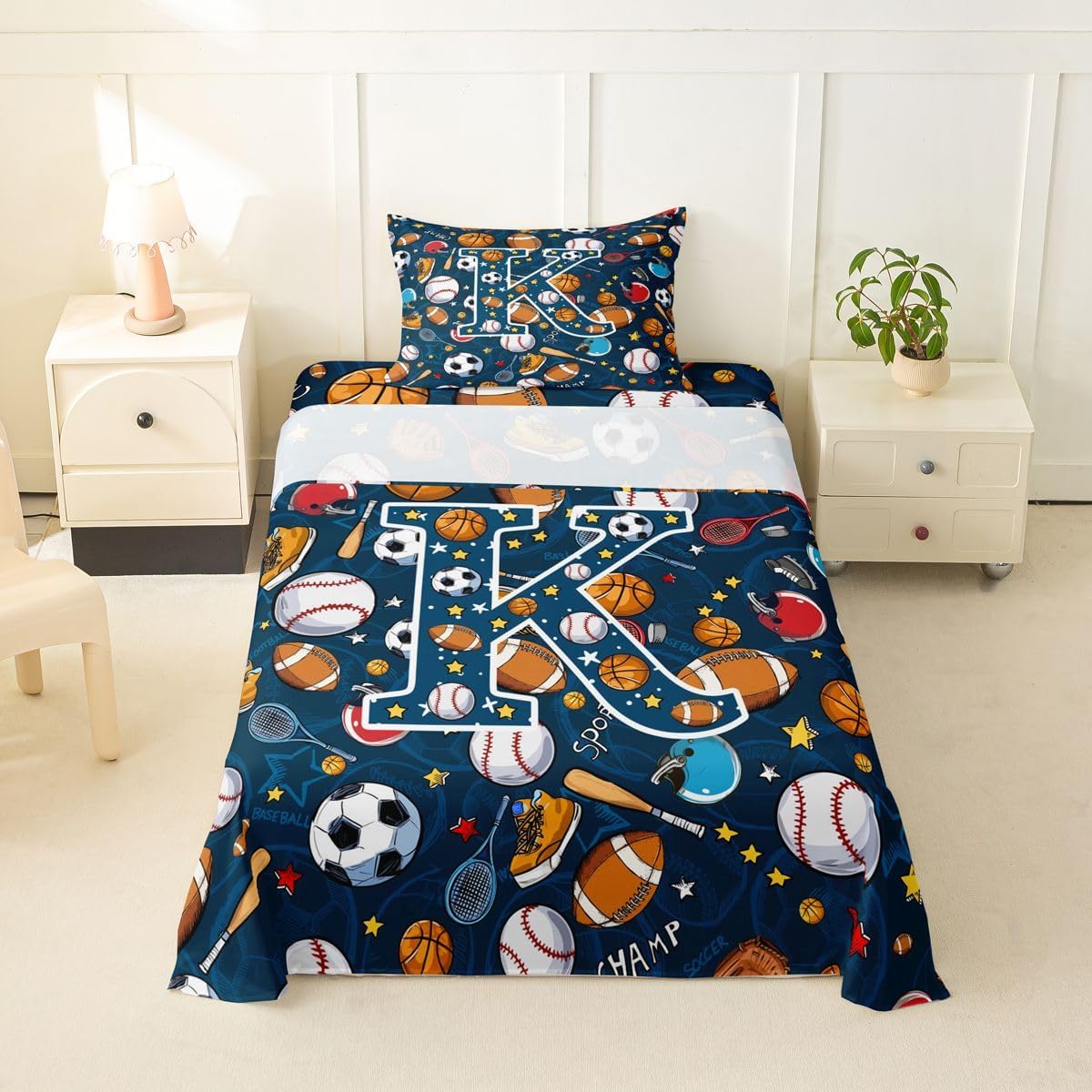 Erosebridal Basketball Football Baseball Sheet Set Boys Ball Letter K Twin Sheets Set for Toddler Boys | Personalized Name Monogrammed Alphabet Rugby Hockey Sports Fitted Sheet