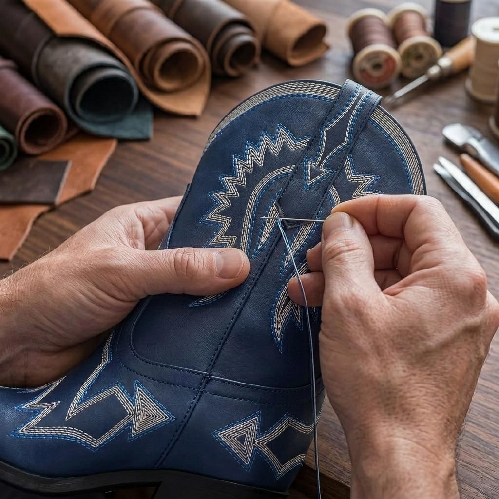 HOCHFART Western Boots for Women Metallic Embroidered Pointed Toe Cowgirl Boots Chunky Heel Pull-On Short Cowboy Boots Wide Calf Country Ankle Boots