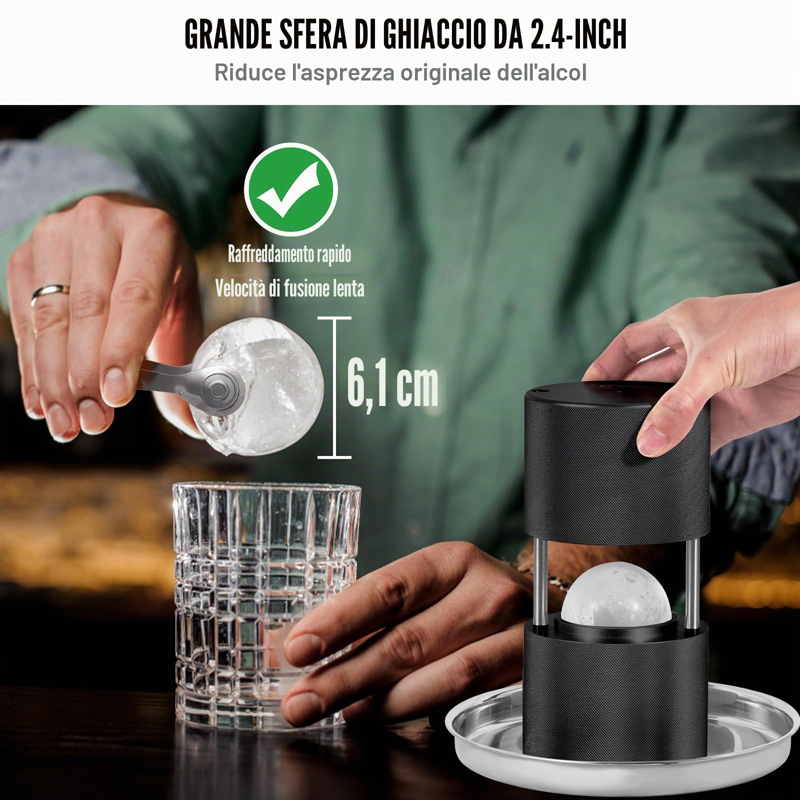 VEVOR Kit Pressa per Ghiaccio a Sfera in Alluminio Diametro 61mm, Stampo per Ghiaccio Sferico per Cocktail Whisky Cognac Bevande, Kit di Pressa per Palline di Ghiaccio da Bar in Alluminio Colore Nero