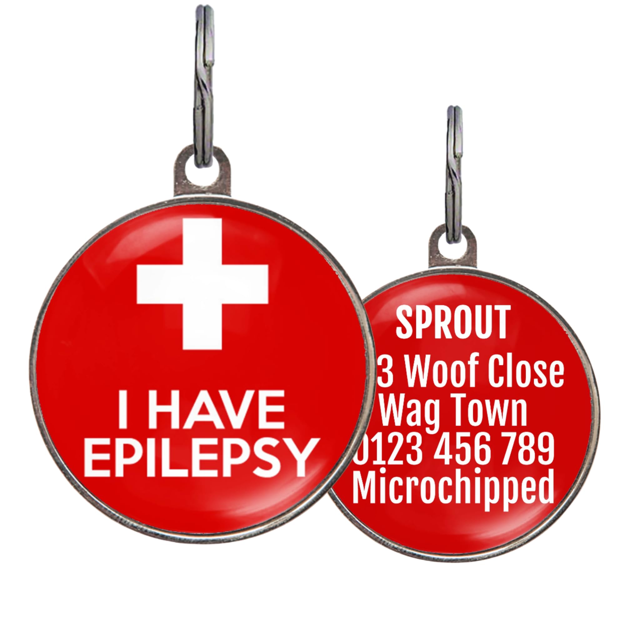 I Have Epilepsy Dog Tag – Add Custom Info to Back – Medical Alert Pet ID Tags – Red Emergency Personalised Tag for Epileptic Dogs – 2 Sizes