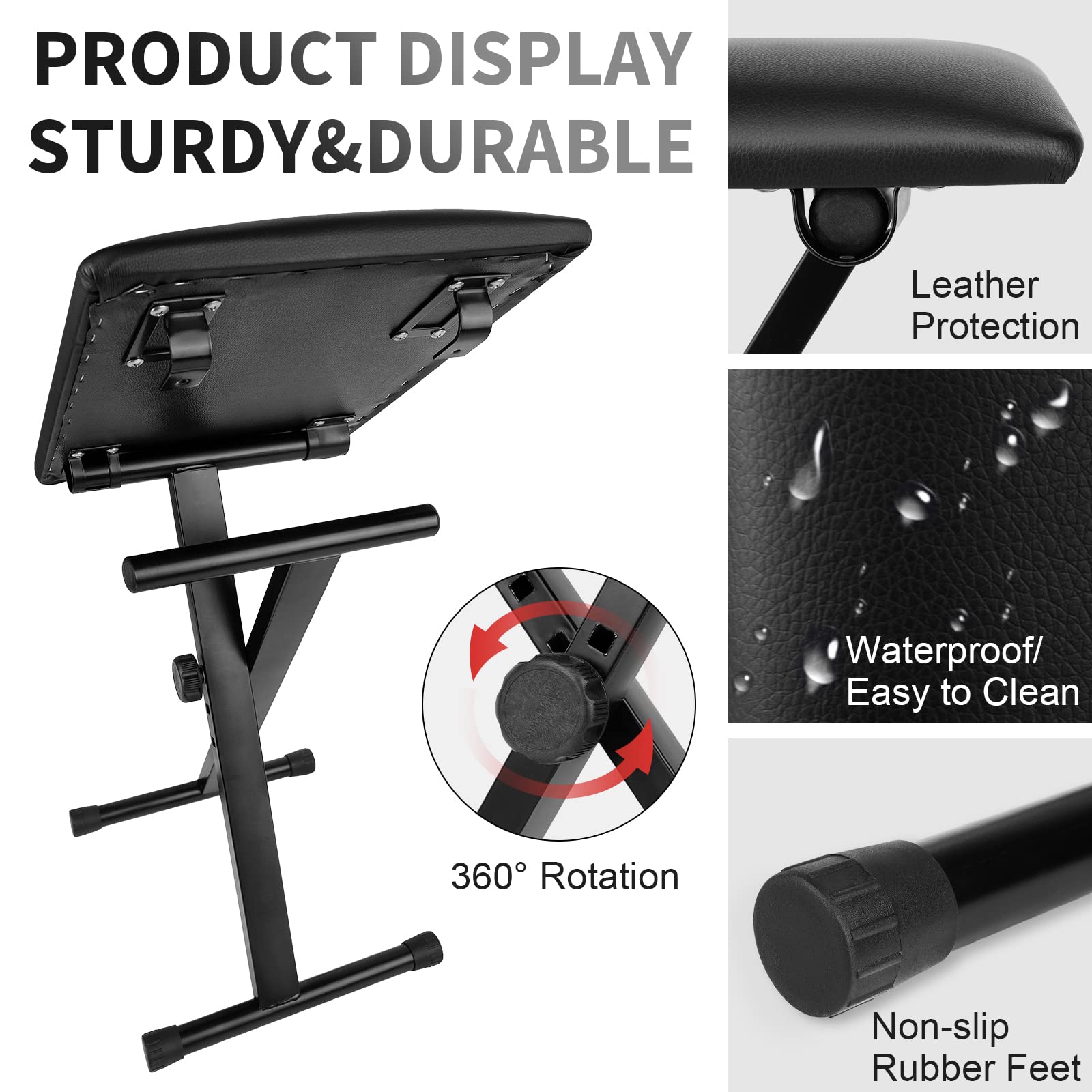 MUZNOTE Banco de teclado, banco de piano ajustable, asiento acolchado para teclado, estilo X, plegable, algodón ignífugo, diseño antideslizante e impermeable, color negro