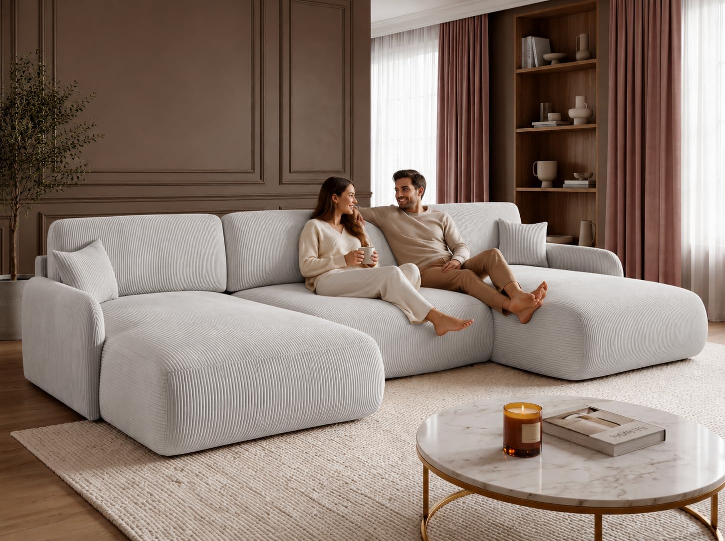 U-Form Wohnlandschaft mit Schlaffunktion 357x175 cm, Cordstoff – Großes Schlafsofa mit Bettkasten, Moderne Couch mit Stauraum NIVO (Poso 02)