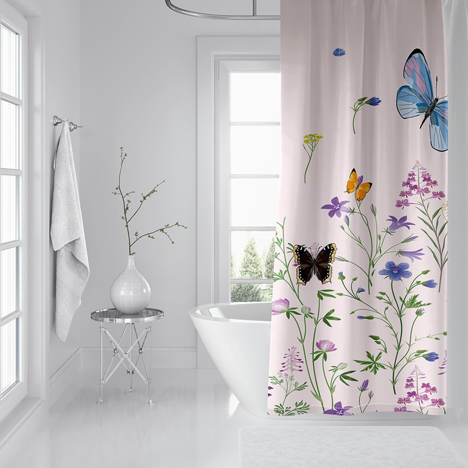Zasłona prysznicowa z pierścieniami, poliester zielony jasnoróżowy wiosna roślina botaniczna motyl zasłona prysznicowa z Grommets i haczykami, 300 x 200 cm