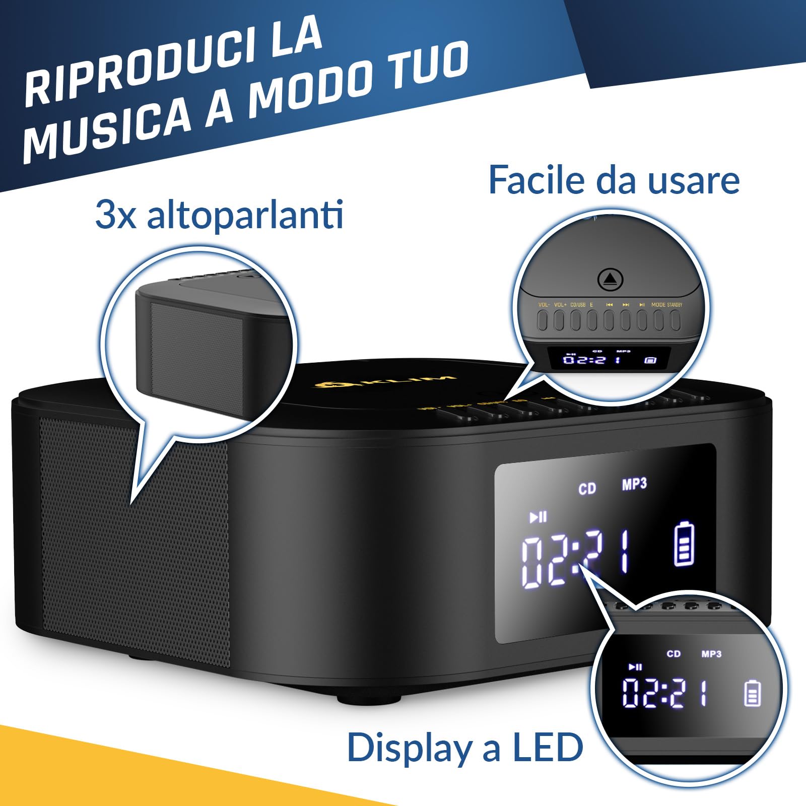 KLIM Lettore CD Stereo Boombox E1 - BASS Boost con Subwoofer - FM Radio con Lettore CD e USB, Bluetooth, AUX - Stereo casa - Filo o Wireless - Batteria ricaricabile, Telecomando - Nero/Oro