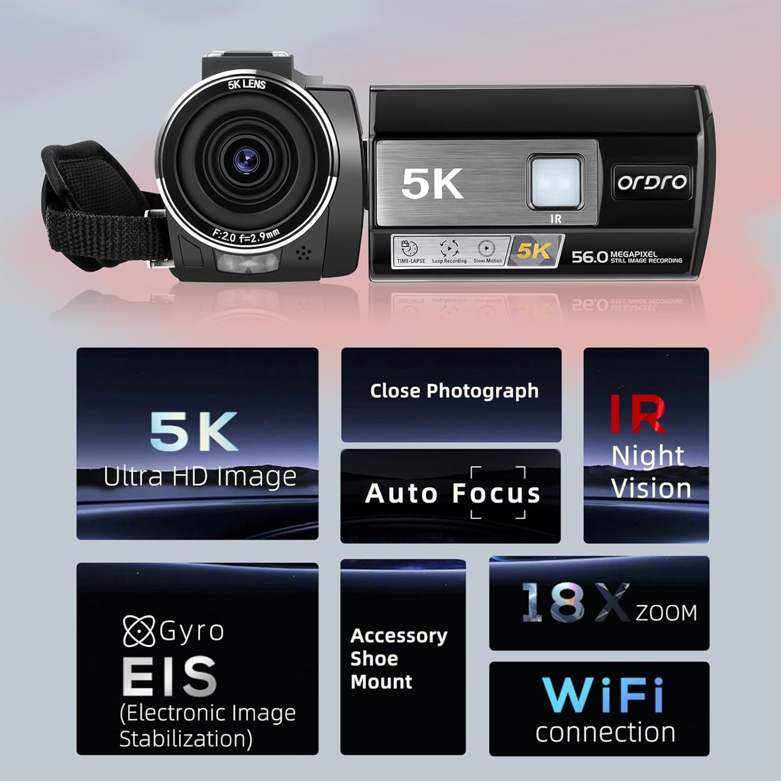 ORDRO AE20 Videocamera 5K 56MP con visione notturna IR, zoom digitale 18X, registratore webcam 3.0'' Rotazione di 270° Touchscreen Vlogging Camera per YouTube