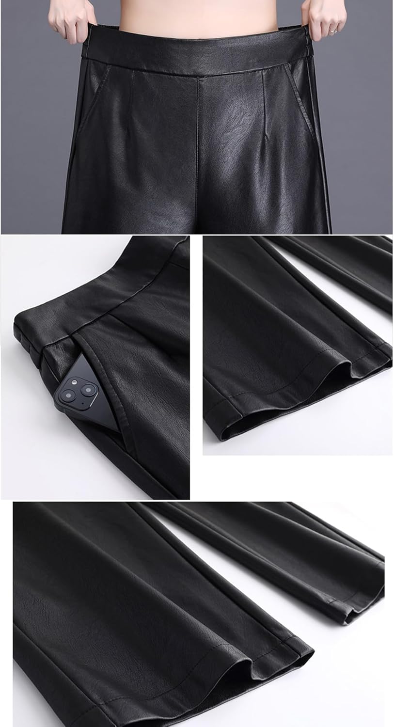 Lucrosun Women's Elastic High Waist Wide Leg Faux Leather Pants Palazoo Trousers
