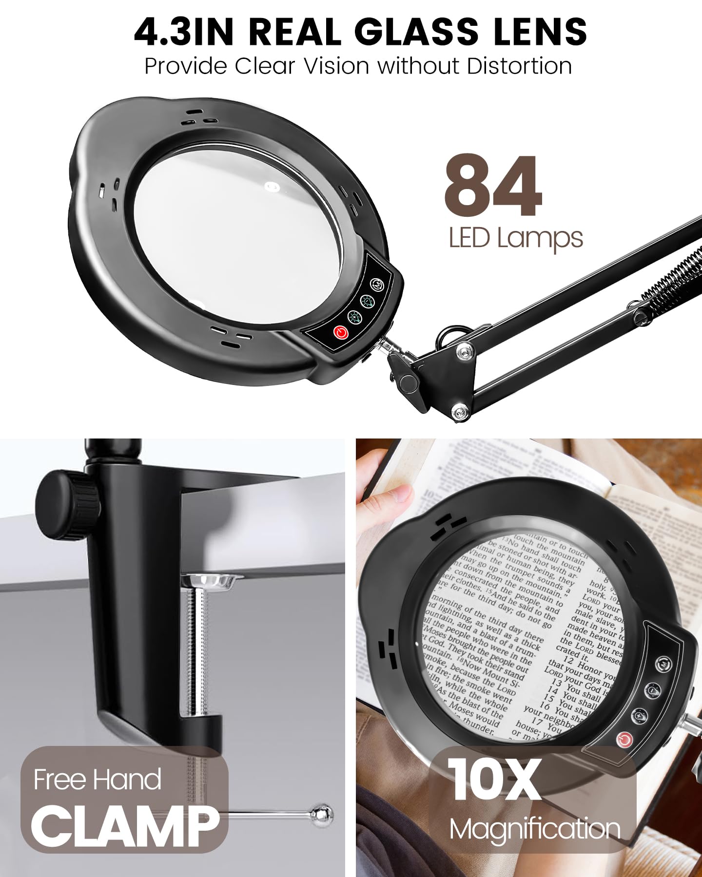 TANYO Lampada con Lente di Ingrandimento 84 LED 3 Modalità Colore 10 Luminosità