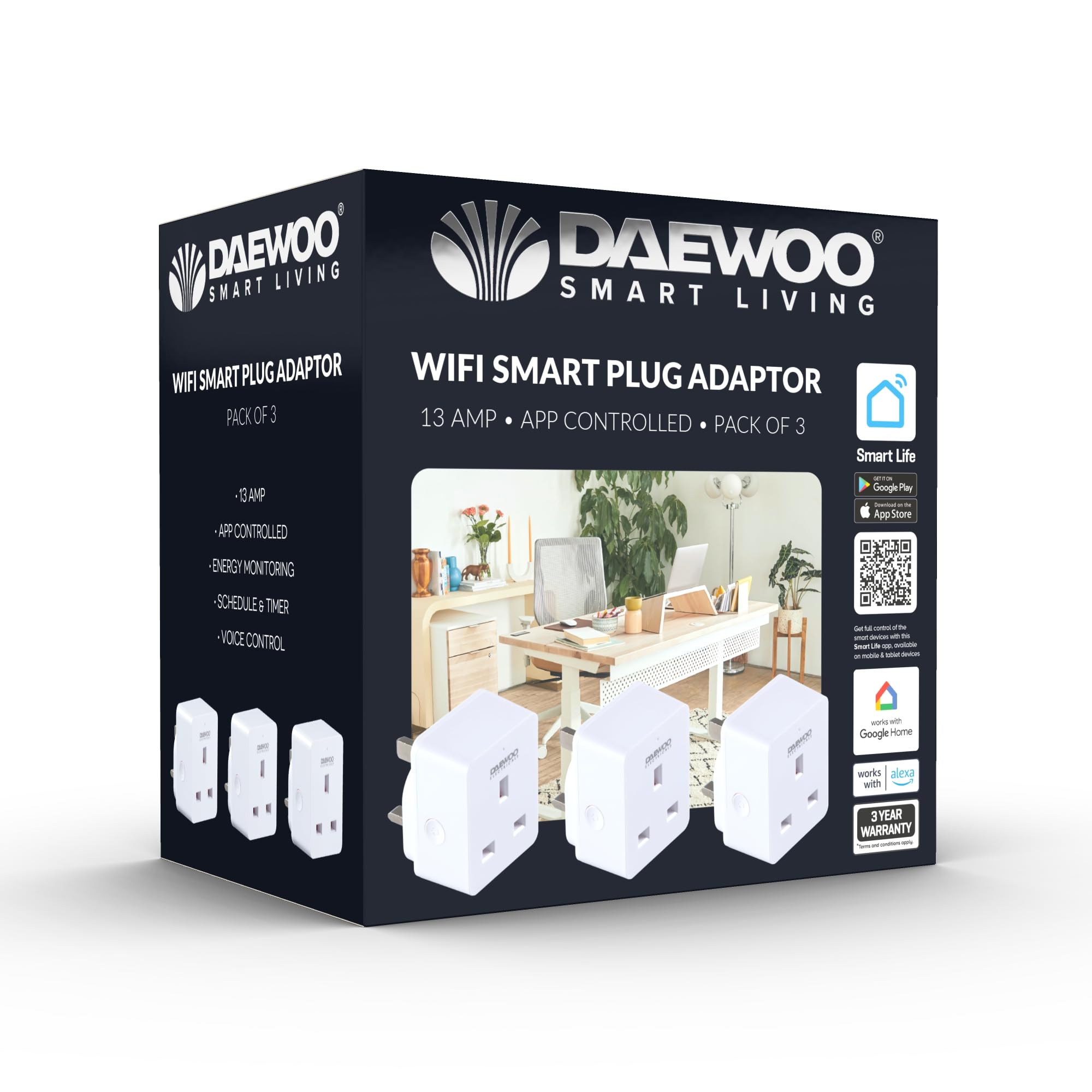 Daewoo Smart Plug For Standard UK Plug Use, WIFI Operated Via Smart Life App On IOS And Android With Connection To Alexa And Google Home For Voice Control, Energy Monitoring, Schedule And Timer 3 Pack