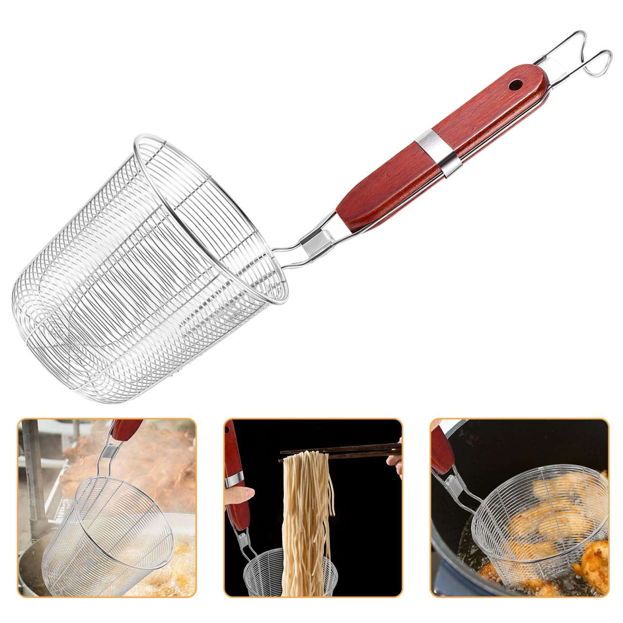 Luxshiny Scolapasta in Acciaio Inox 13.58 Pollici Con Manico Ergonomico in Legno Utensile Da Cucina Per Scolare Pasta Fori Ampi Per Scolaggio Rapido Casa E Cucina
