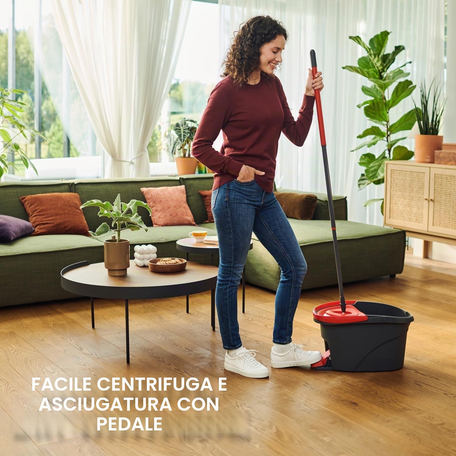 Vileda Easy Wring & Clean Spinning Mop & Secchio Set con pedale | Vileda |3 pezzi manico 130 cm |Mocio per pavimenti con strizzatore rotante | Turbo Refill 100% microfibra mop testa |