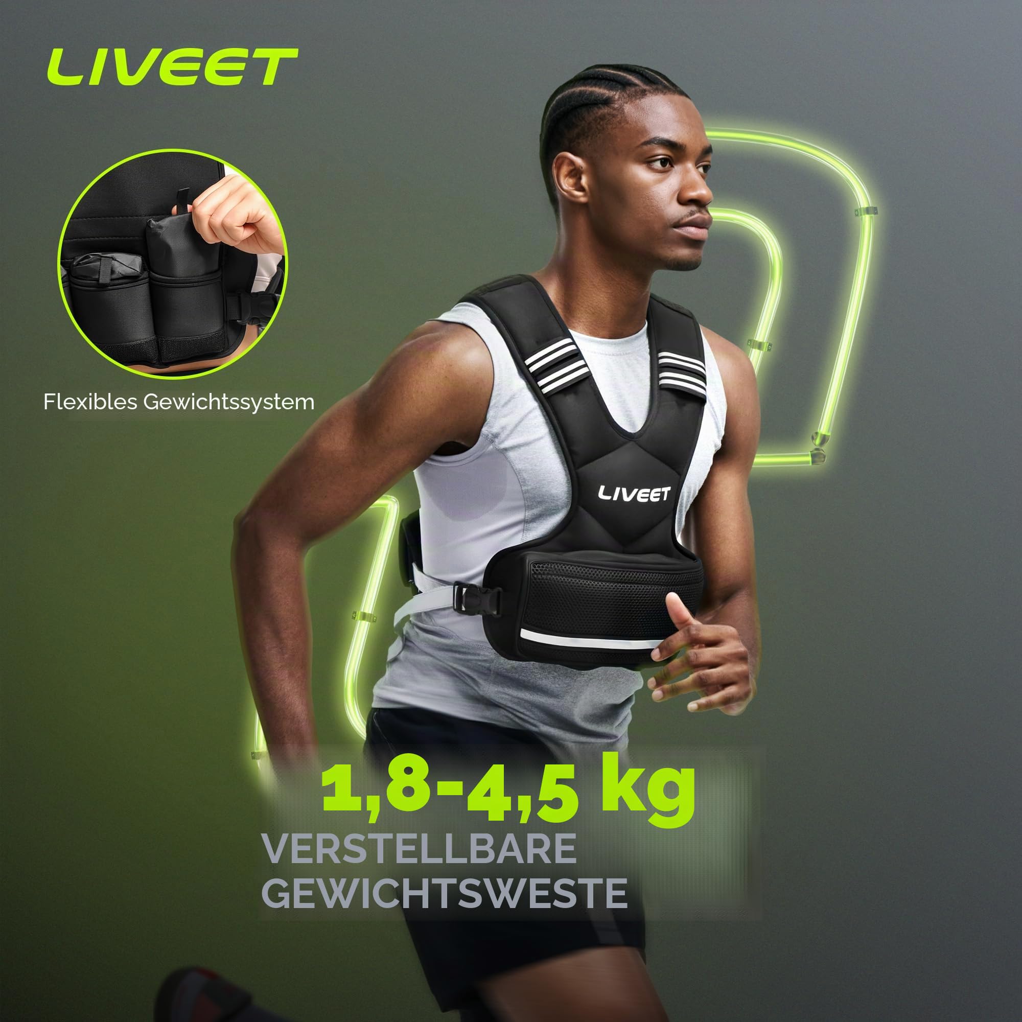 Verstellbare Gewichtsweste für Damen und Herren, 1,8-14,5 kg Gewichtsweste mit 6 Eisensandbeuteln, Laufweste mit reflektierenden Streifen, verstellbare Schnallenriemen für Gehkrafttraining