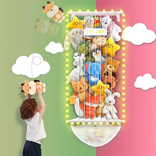 Almacenamiento de animales de peluche de esquina, juguete de madera para organizar la luz LED, soporte grande para animales de peluche, juguetes de