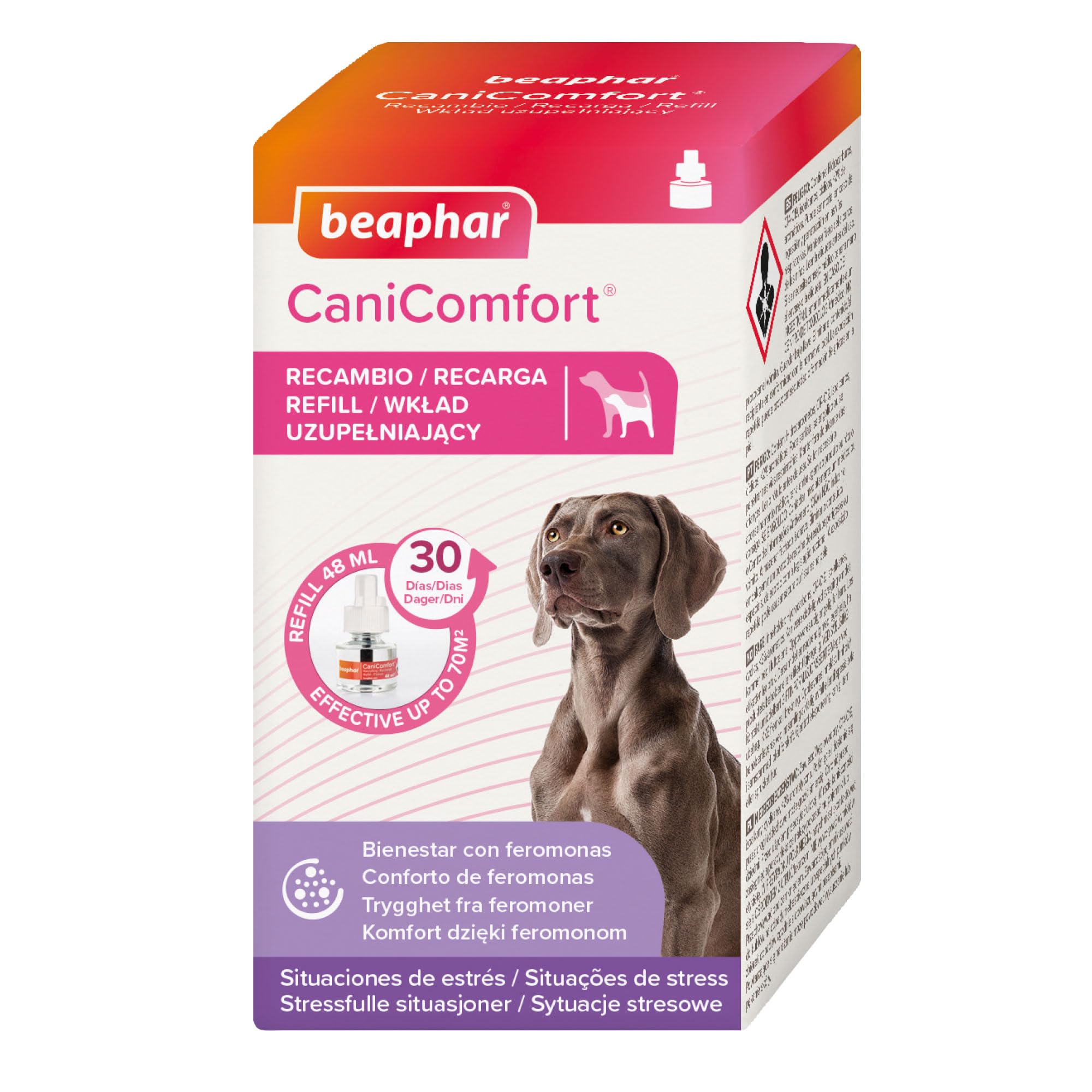 Beaphar - Canicomfort® Excellence - Recambio Difusor Eléctrico Con Feromonas - Perro - Reduce El Estrés Y Los Comportamientos No Deseados - Solo En Casa, Miedos, Ruidos Fuertes, Adopción - 48Ml
