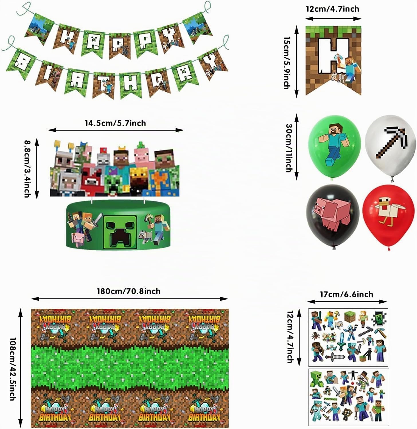 Set di decorazioni per il compleanno dei bambini, 57 pezzi di decorazione di compleanno per ragazzo, Include Tatuaggi temporanei per bambini, Decorazione per torta, Palloncini, Striscione, Tovaglia