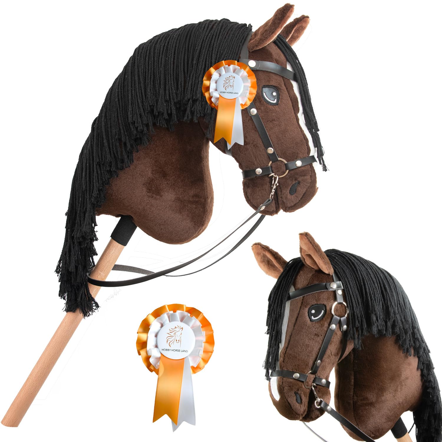 Hobby Horse Bai Brązowe Czarne Włosy. Kompletny kij koń z siatką, mors, sterem i floką. kij do hobby koni dla dzieci i młodzieży
