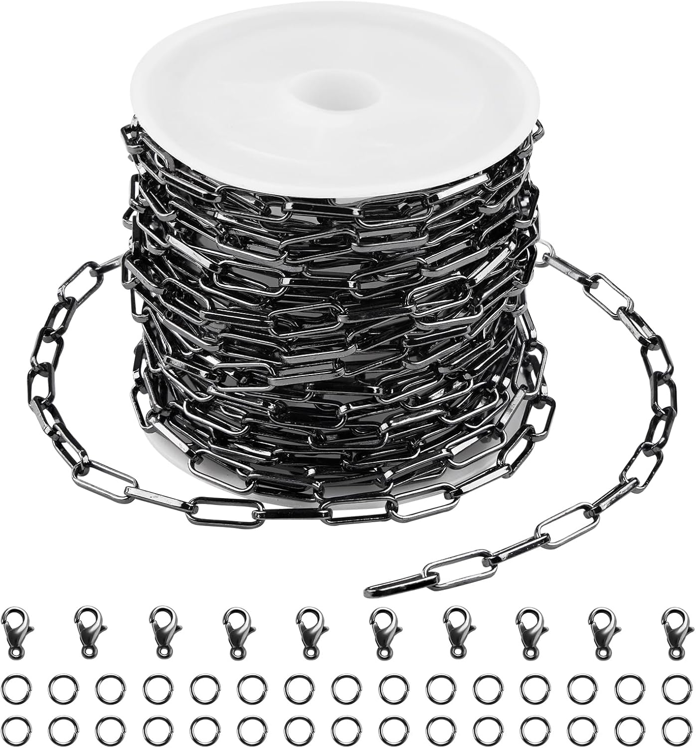 SMYHTGLIF 5 Meters Black Flat Paperclip Chain Spool Brass Chain for Jewelry Making Craft Jewelry Making Chains with Lobster Clasps and Jump Rings